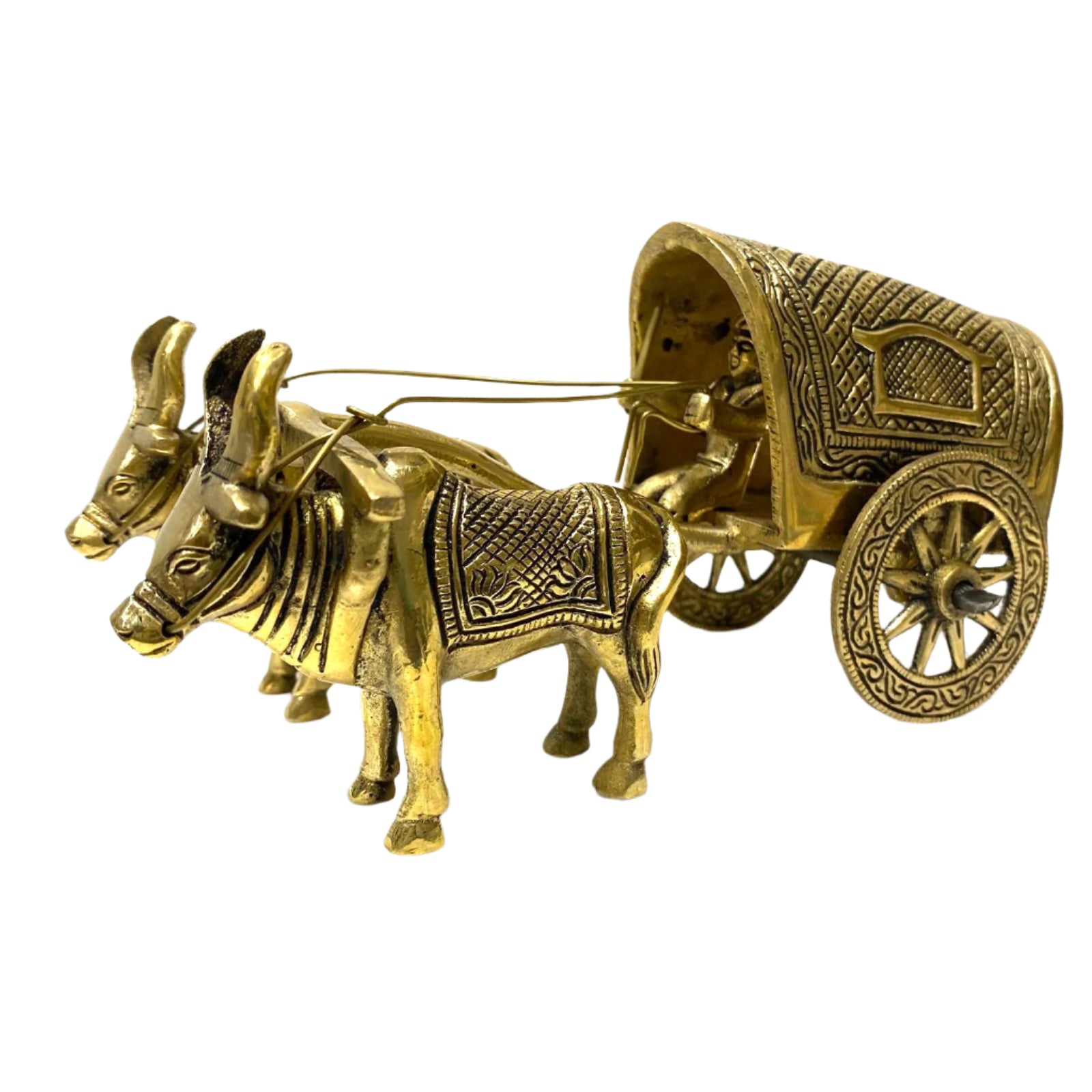 Brass sculpture of two oxen pulling a cart on a white background