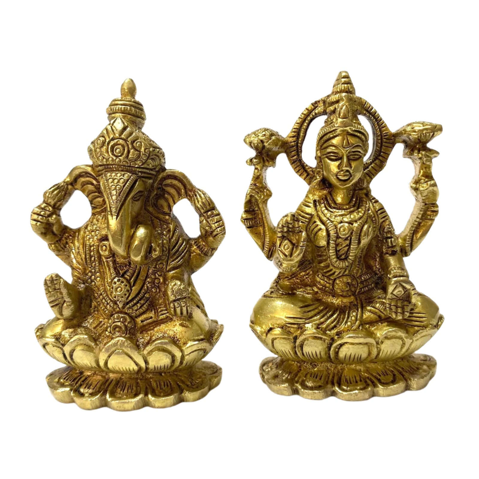Two gold-colored statues of Hindu deities on a white background