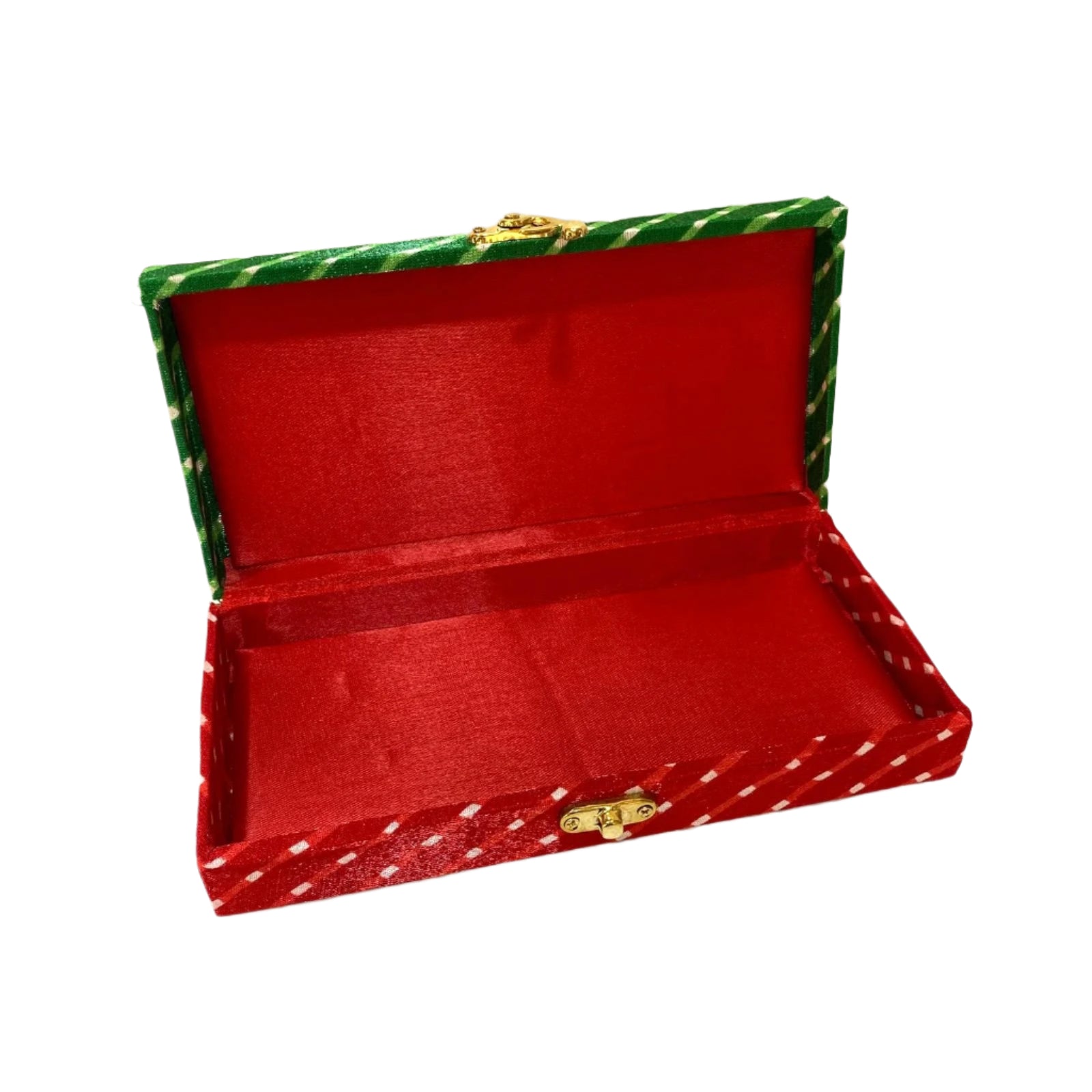 Open red jewelry box with green lid on a white background