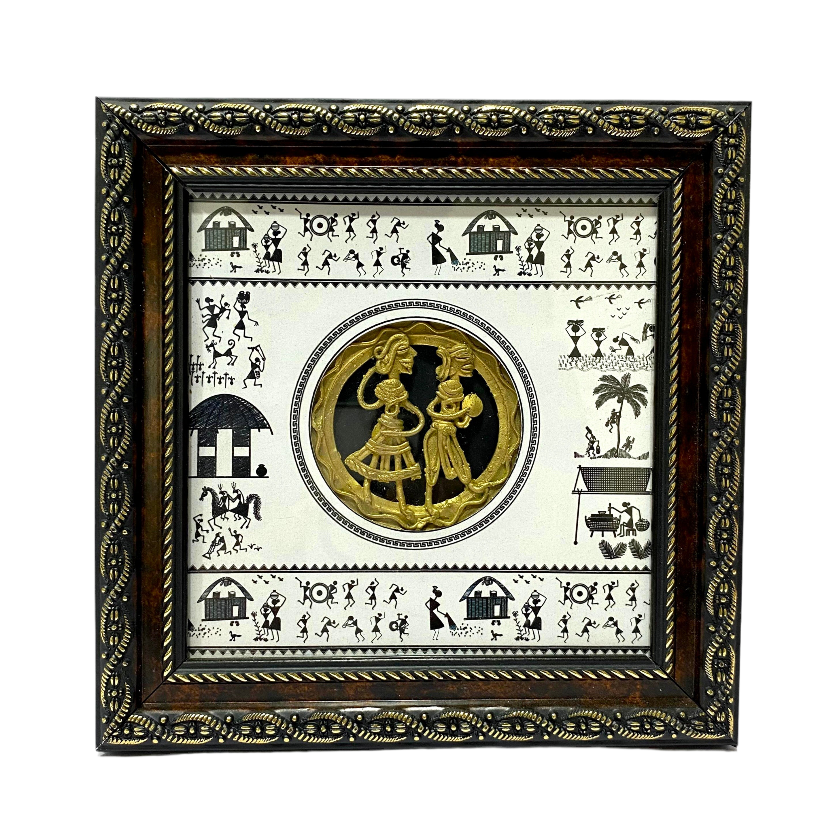 Dhokra Figures Enclosed In Warli Art Frame Hanging Excellent Choice By Tamrapatra - Tamrapatra