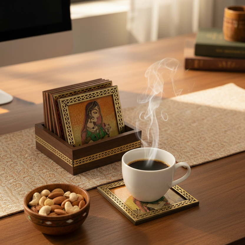 Gemstone Art Creation On 6 Wooden Coasters In Various Designs From Tamrapatra - Tamrapatra