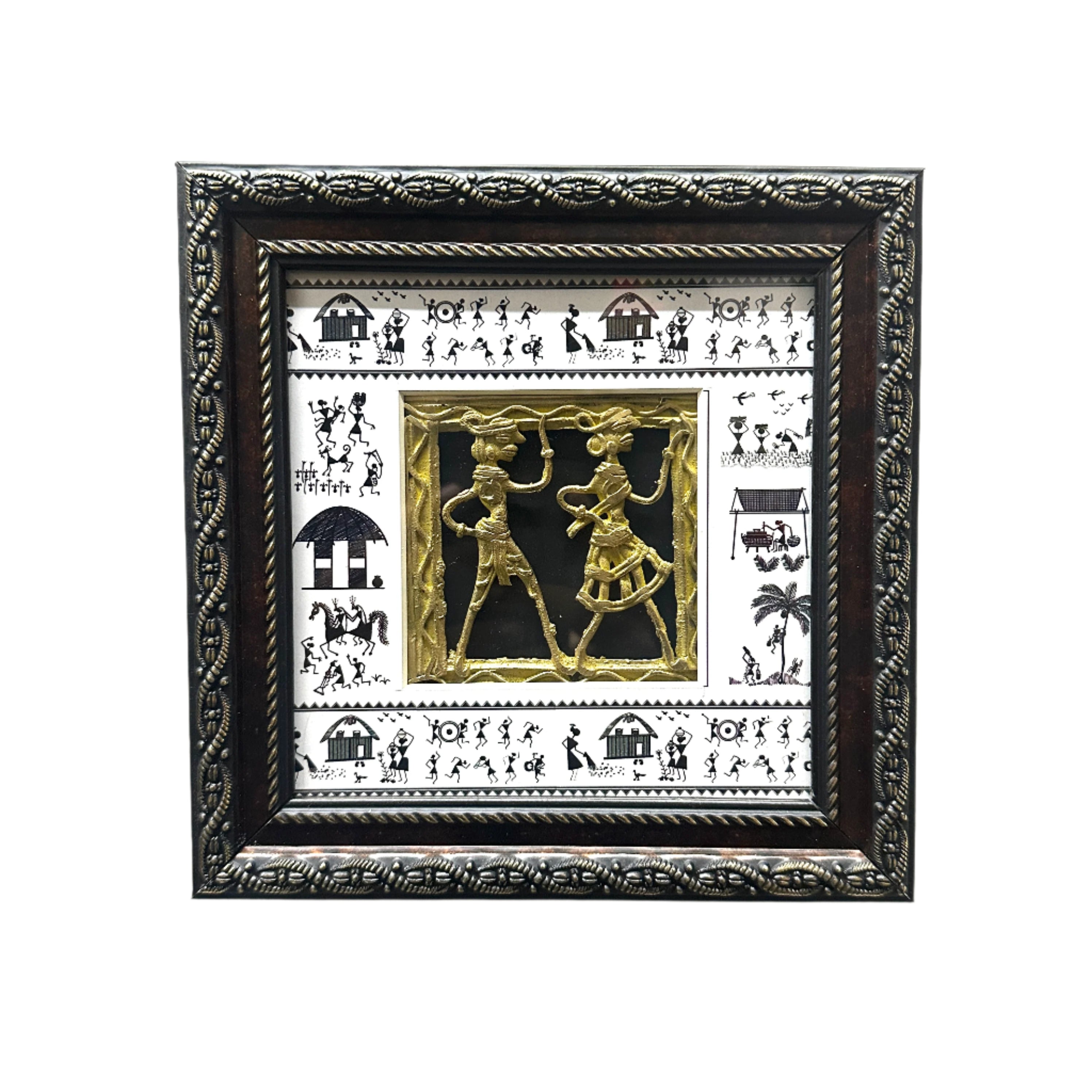 Dhokra Figures Enclosed In Warli Art Frame Hanging Excellent Choice By Tamrapatra - Tamrapatra