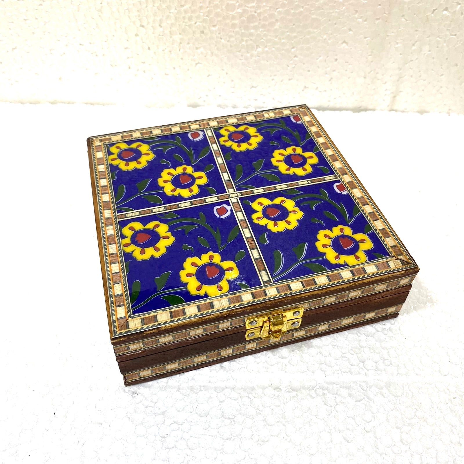 Blue Pottery Tile Wooden Box Storage Utility Jewelry New Arrival Tamrapatra