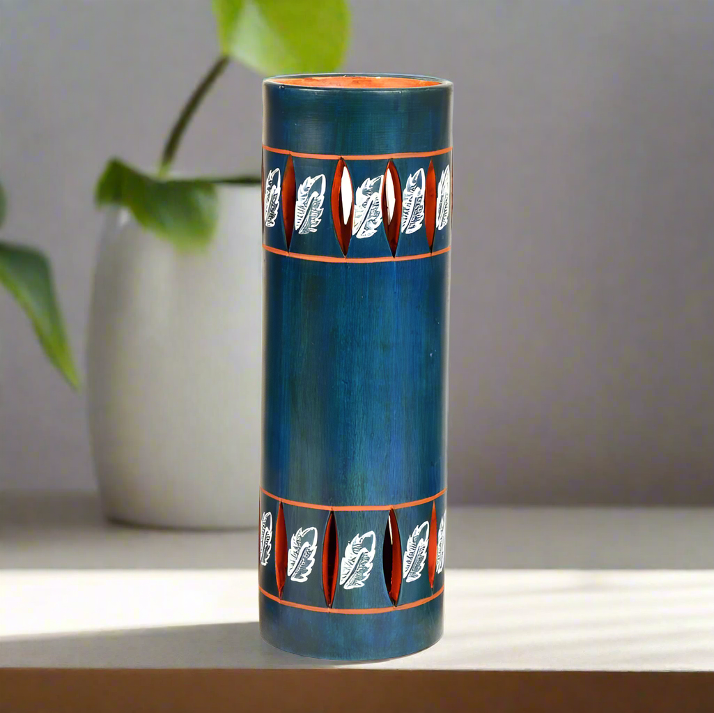 Hand Painted Miniature Warli & Leaf Painting On Lovely Deep Blue Pots At Tamrapatra