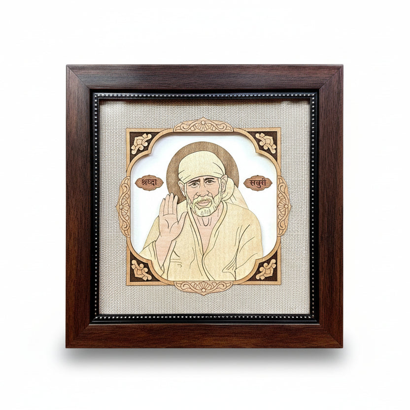 Framed artwork of a religious figure on a red fabric background