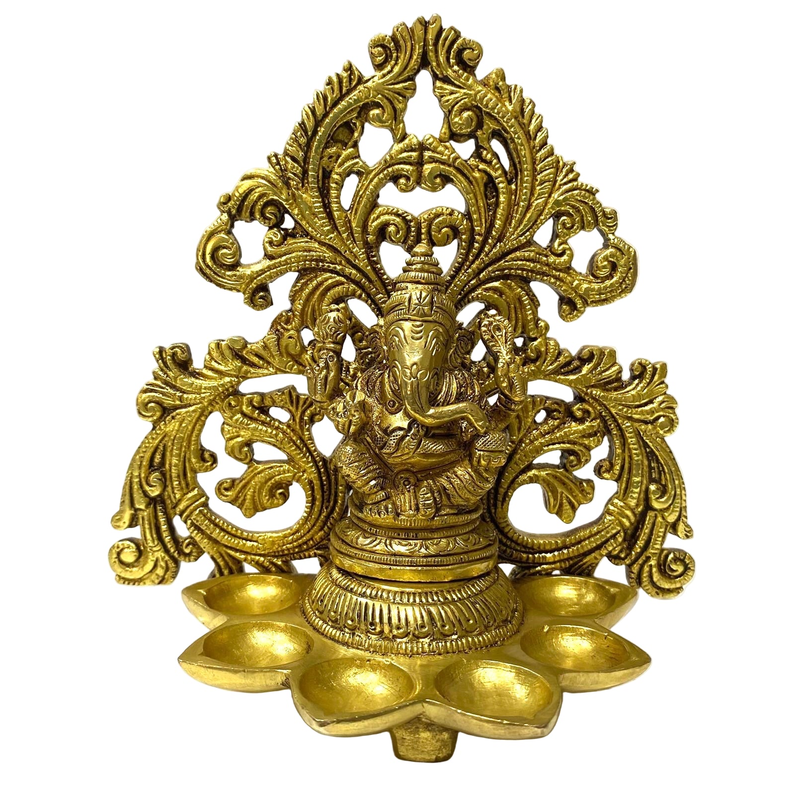 Decorative brass lamp with intricate design on a white background