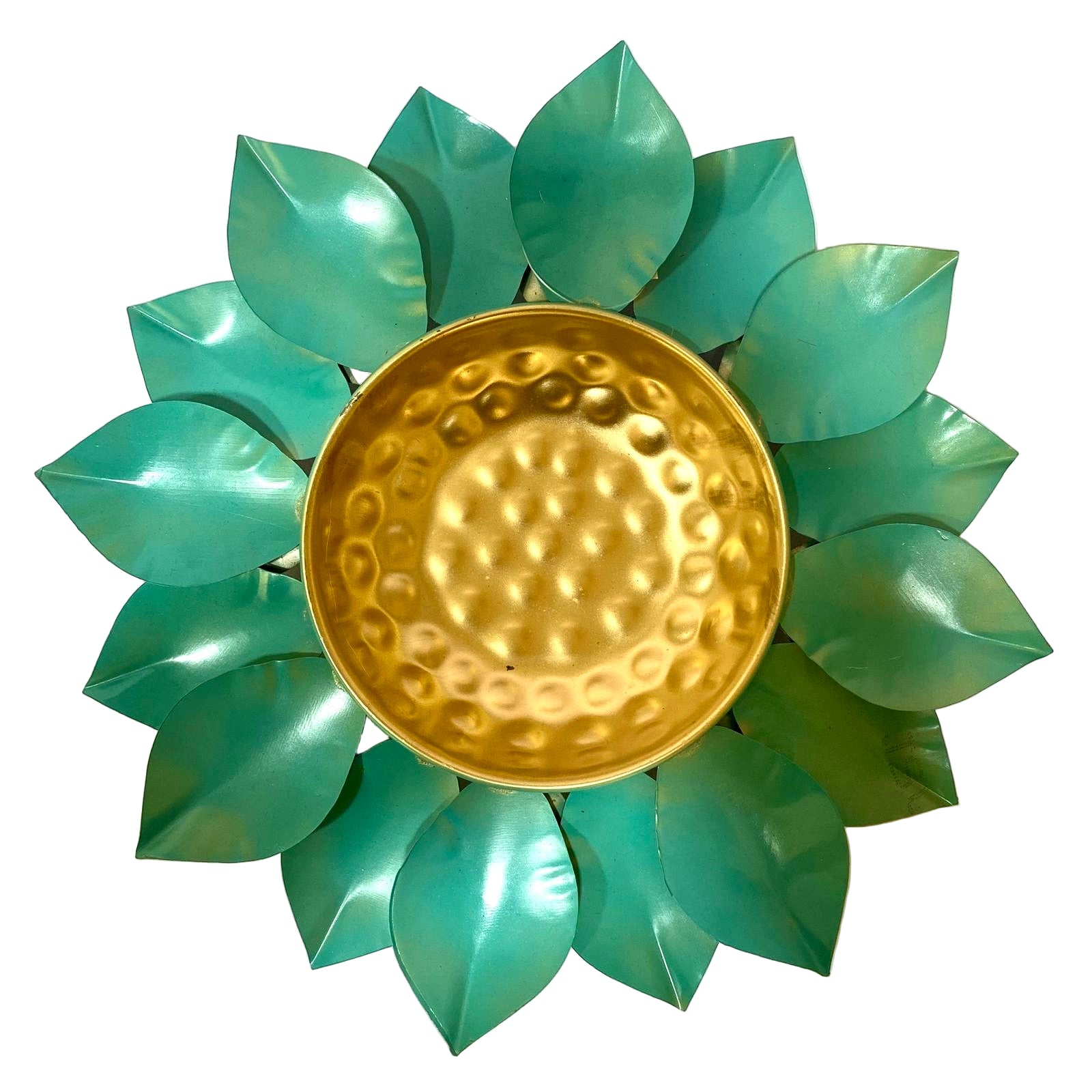 Cyan Blue Green With Golden Touch Unique Shaded Lotus Urli Metal By Tamrapatra