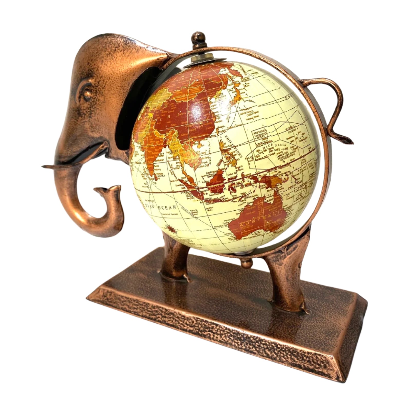 Bronze elephant-shaped globe on a white background