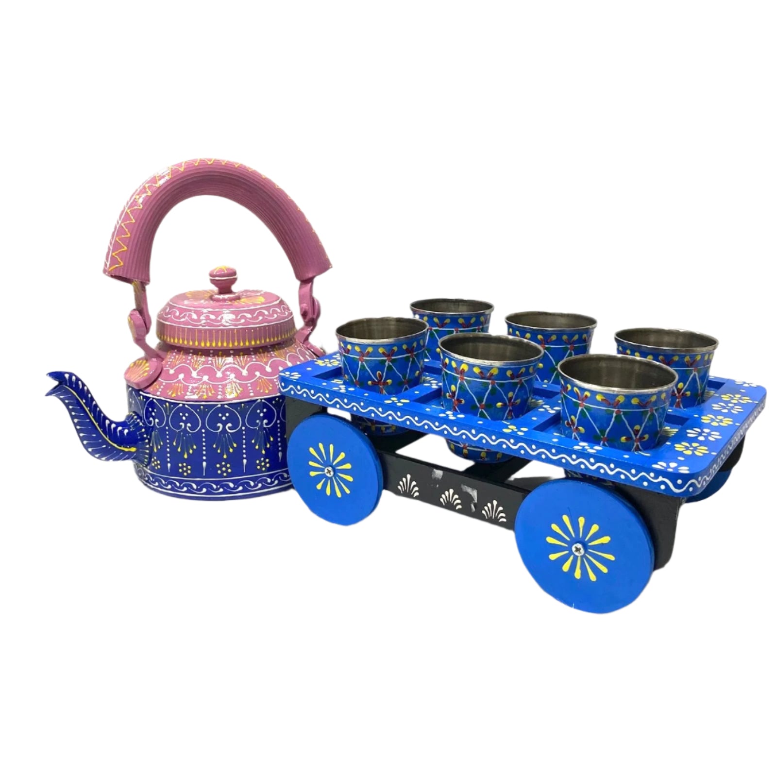Decorative tea set with a teapot and tray on wheels against a white background