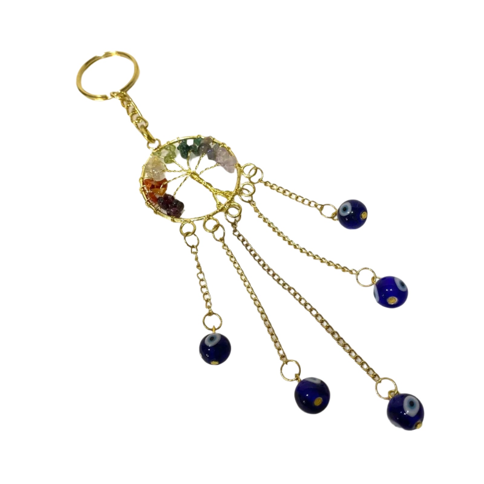 Gold keychain with gemstones and blue beads on a white background