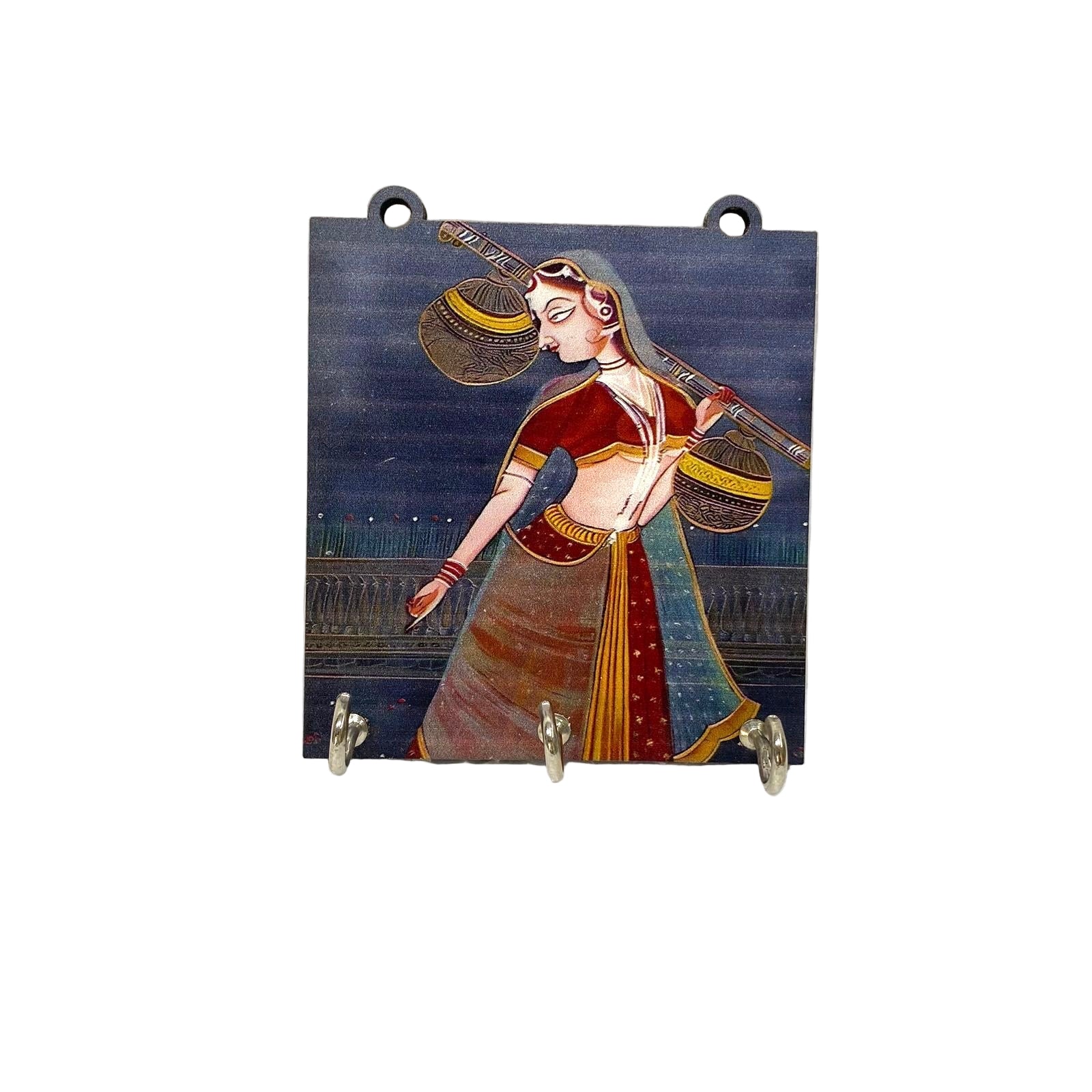 Decorative wall plaque with a woman in traditional attire against a textured white background