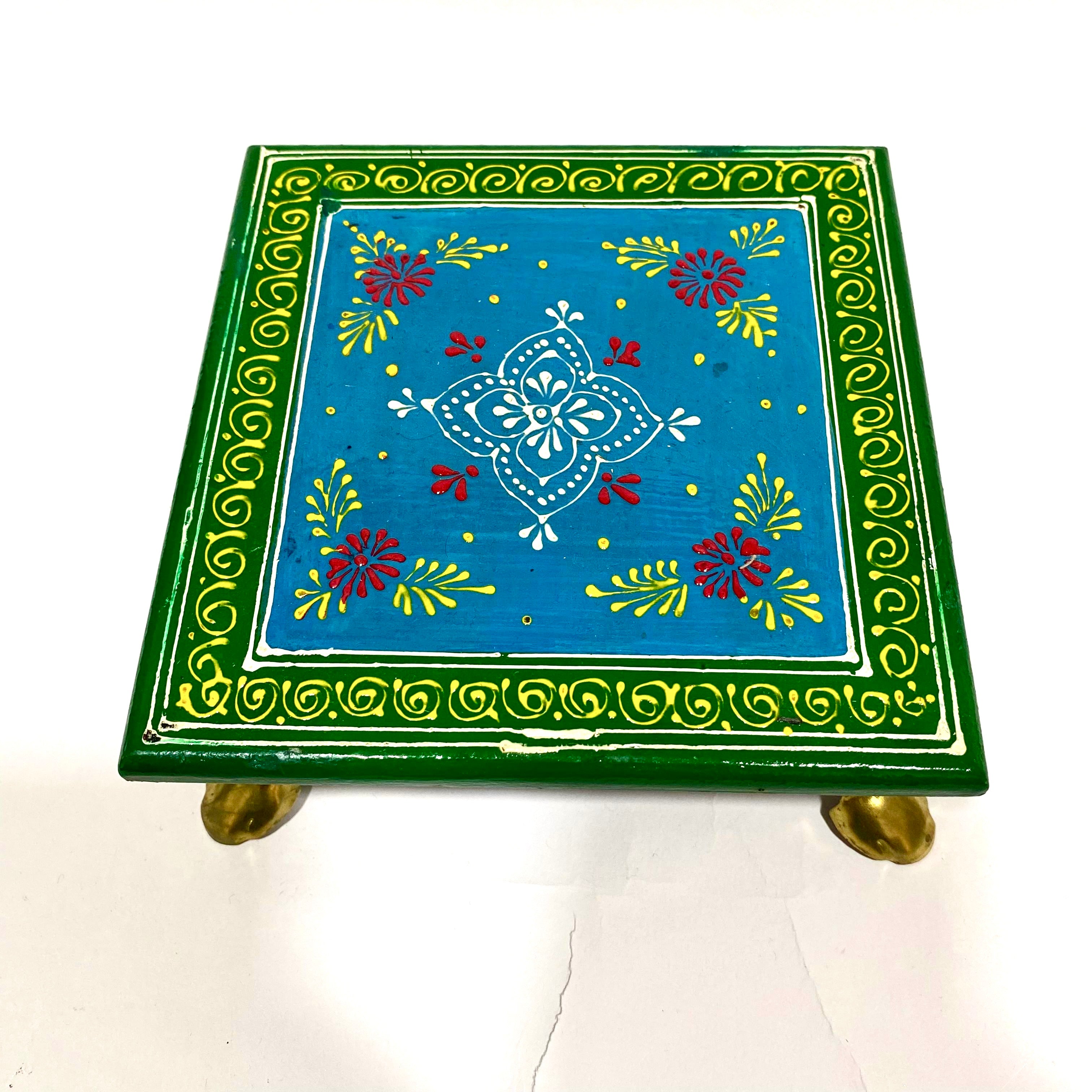 Hand Painted Wooden Bajoth Color With Metal Legs Handcrafted By Tamrapatra