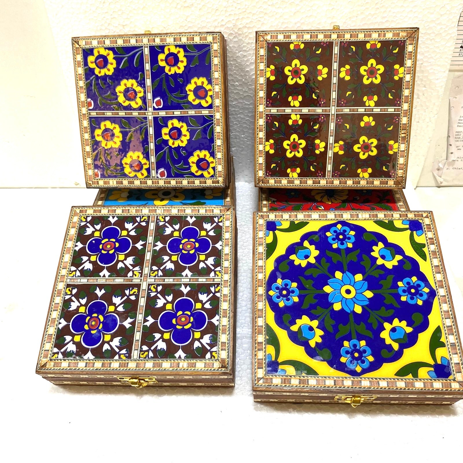 Blue Pottery Tile Wooden Box Storage Utility Jewelry New Arrival Tamrapatra
