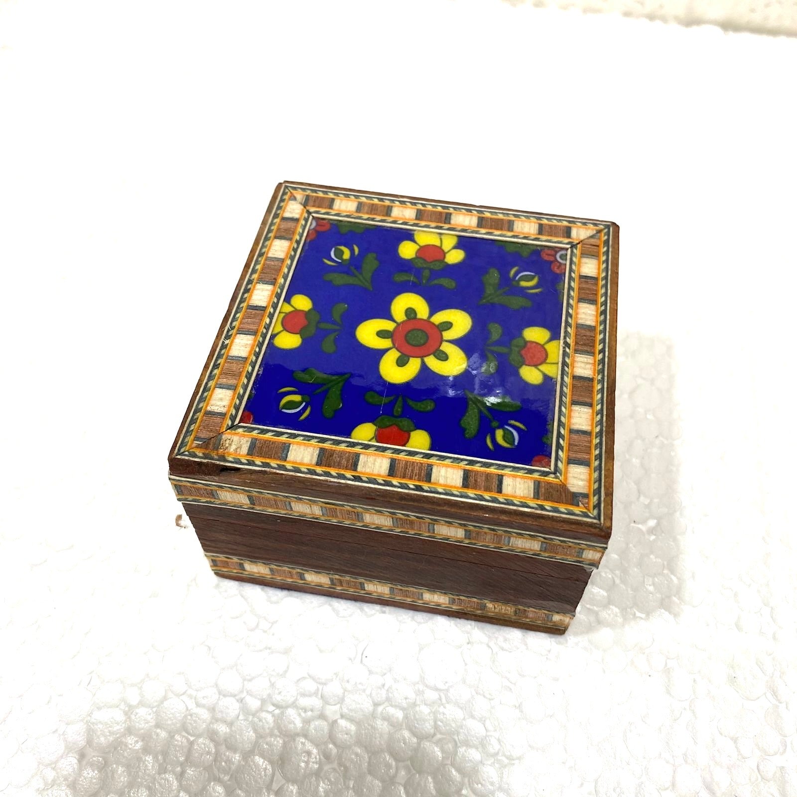 Single Blue Pottery Tile Wooden Box Storage Utility Handcrafted From Tamrapatra