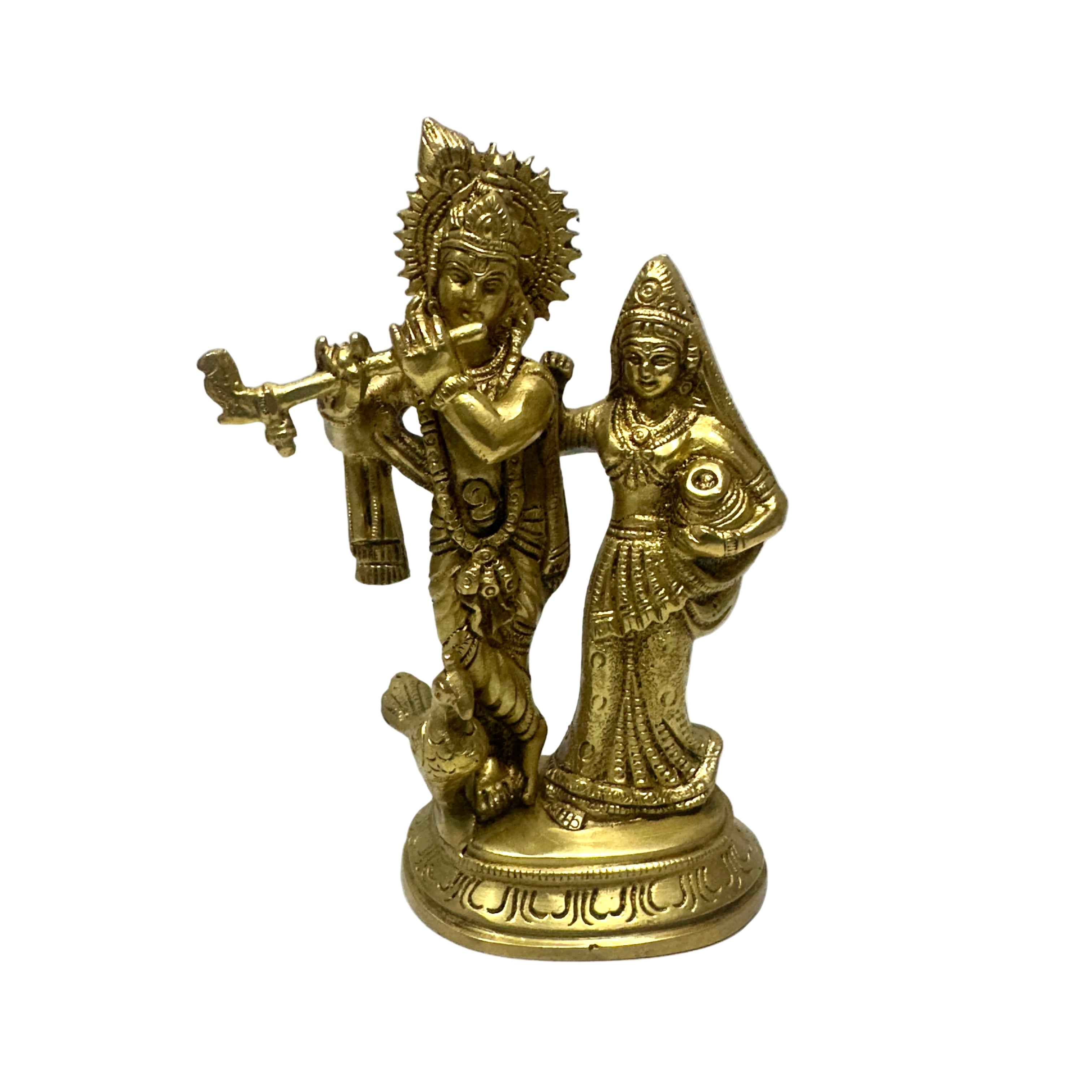 Bronze statue of a man playing a flute with a woman, on a white background