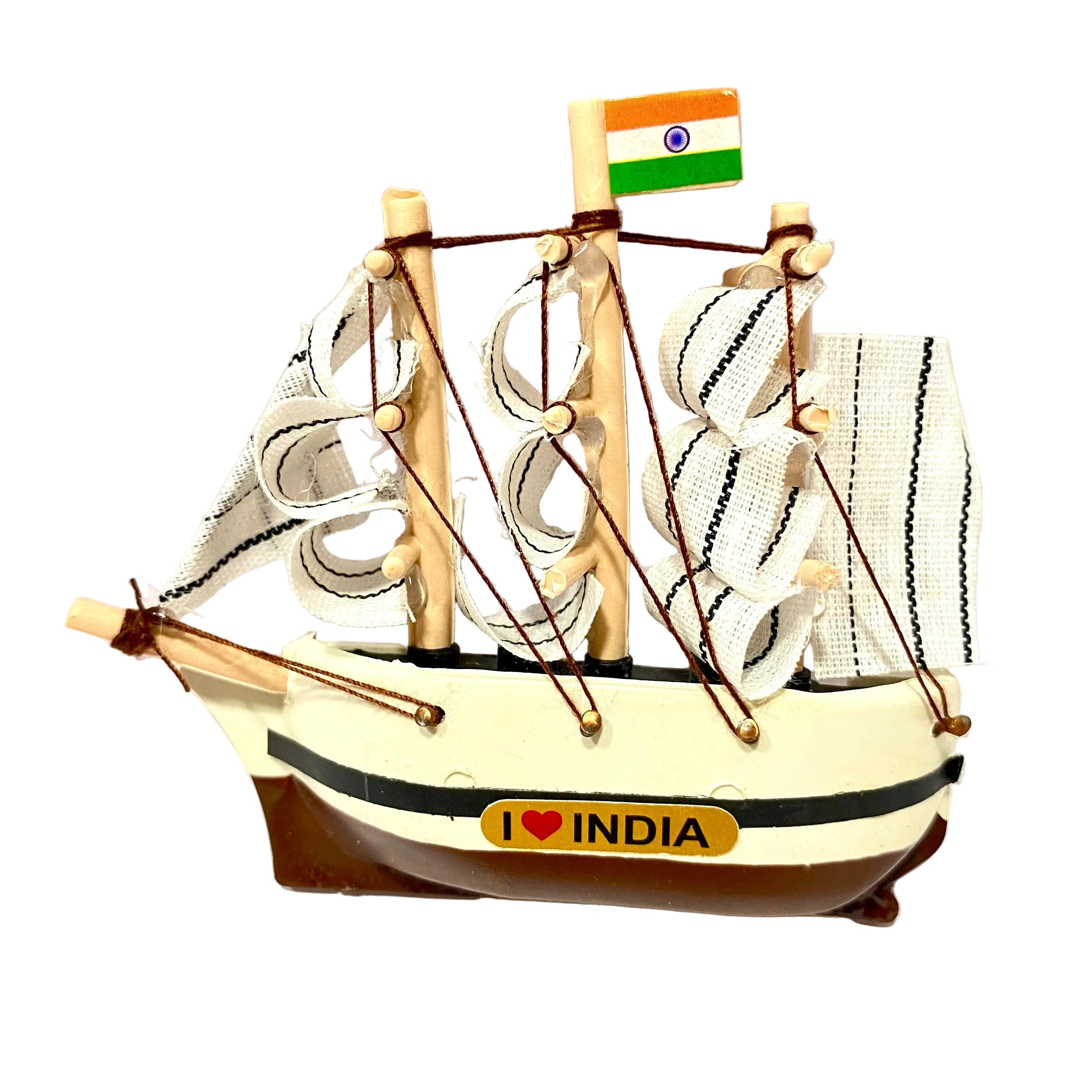 Model ship with 'I ❤️ INDIA' on a white background