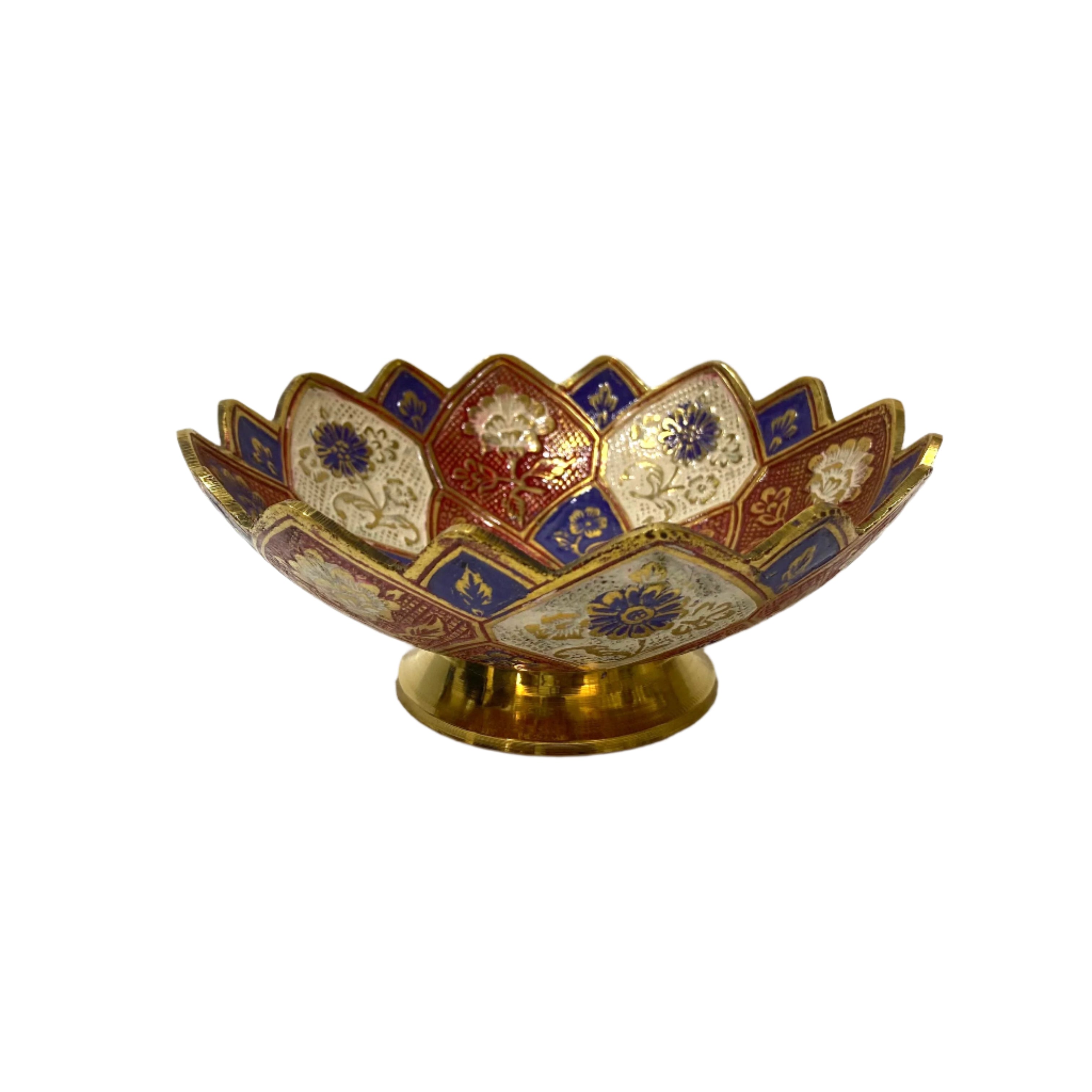 Decorative bowl with gold and multicolored design on a white background