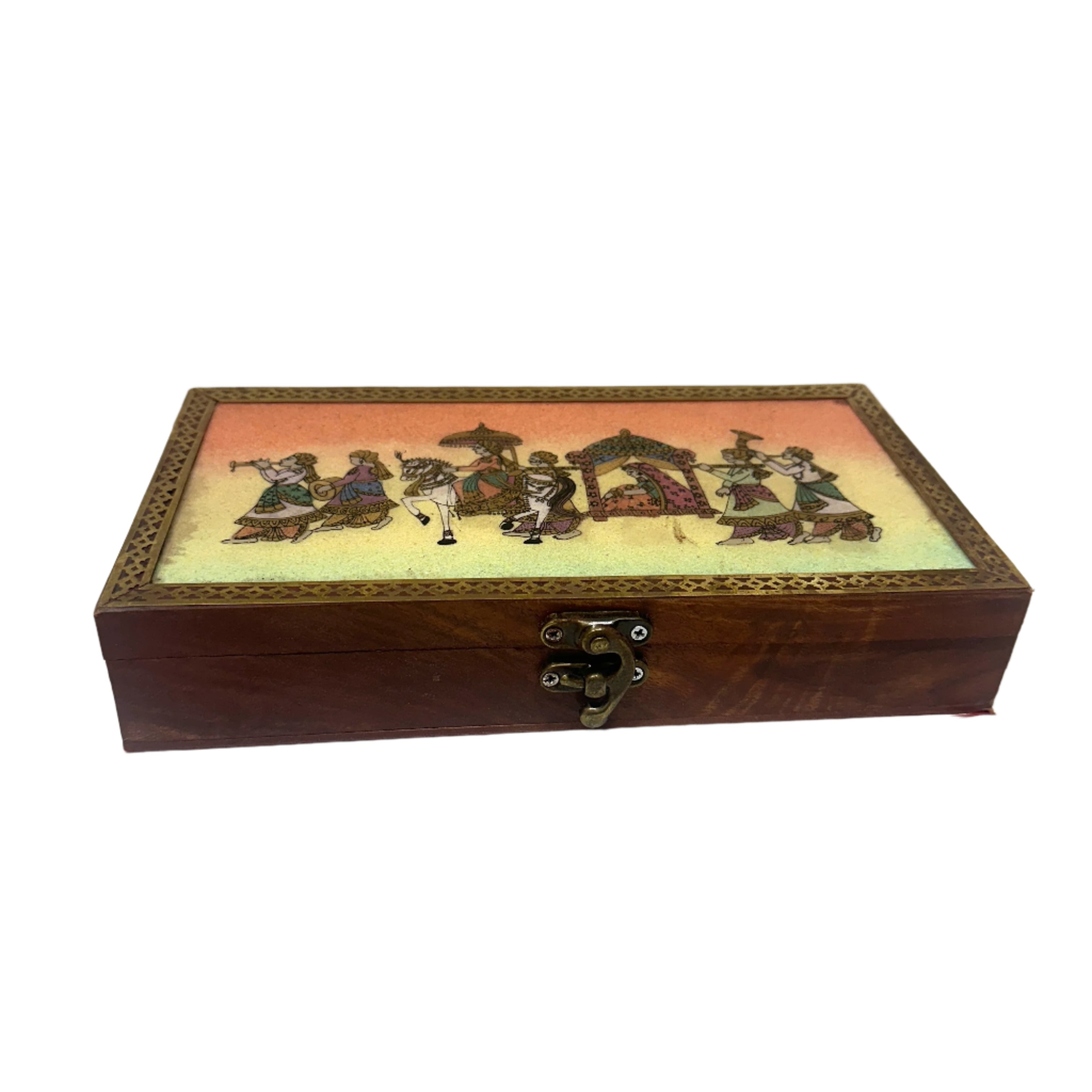 Wooden box with decorative lid featuring illustrations on a white background