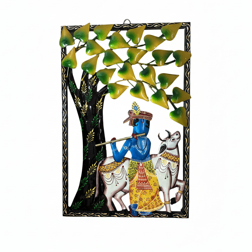 Decorative wall art with a blue figure on a white background