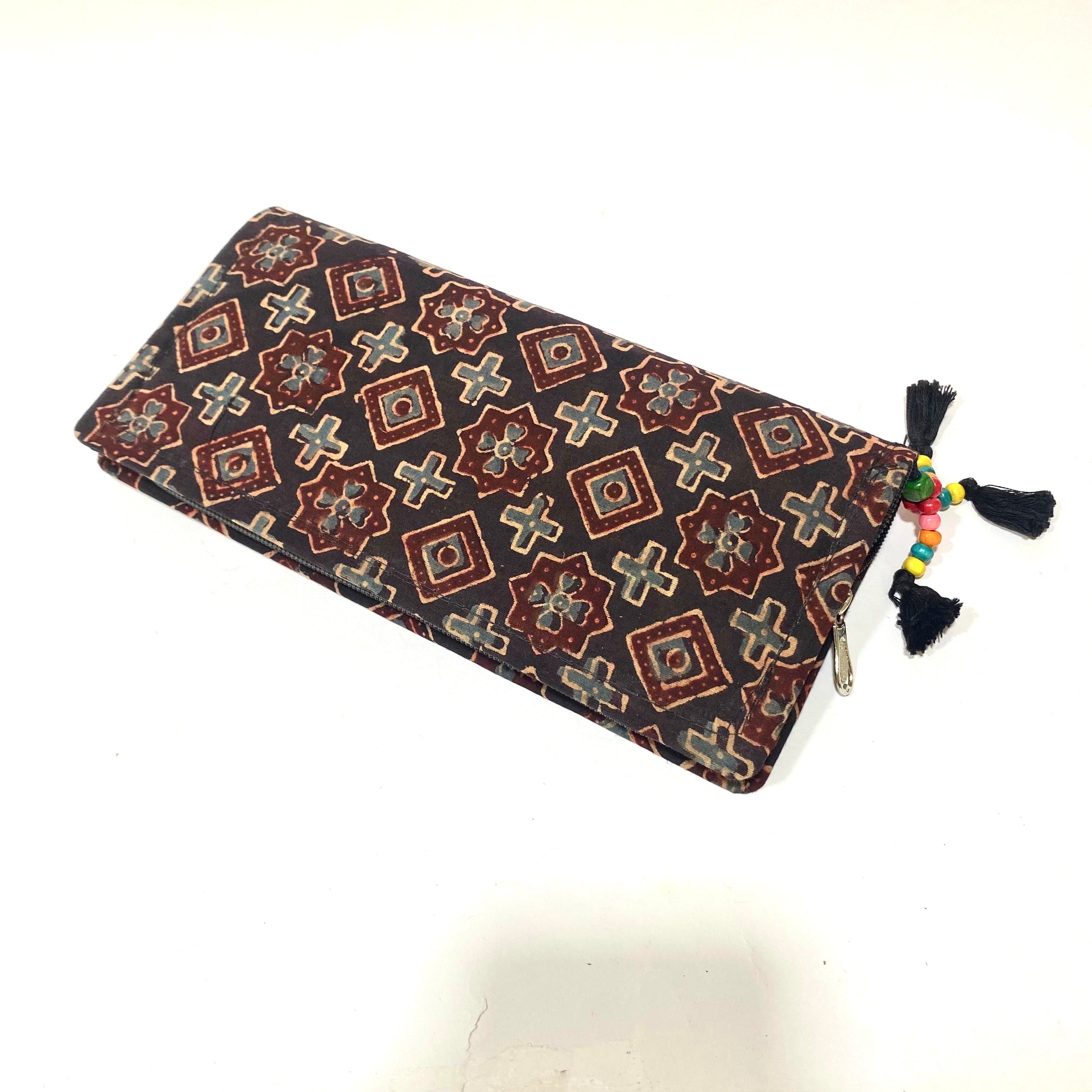 Cotton Embroidery Block Print Purse With Mirrors Styled With Beads By Tamrapatra