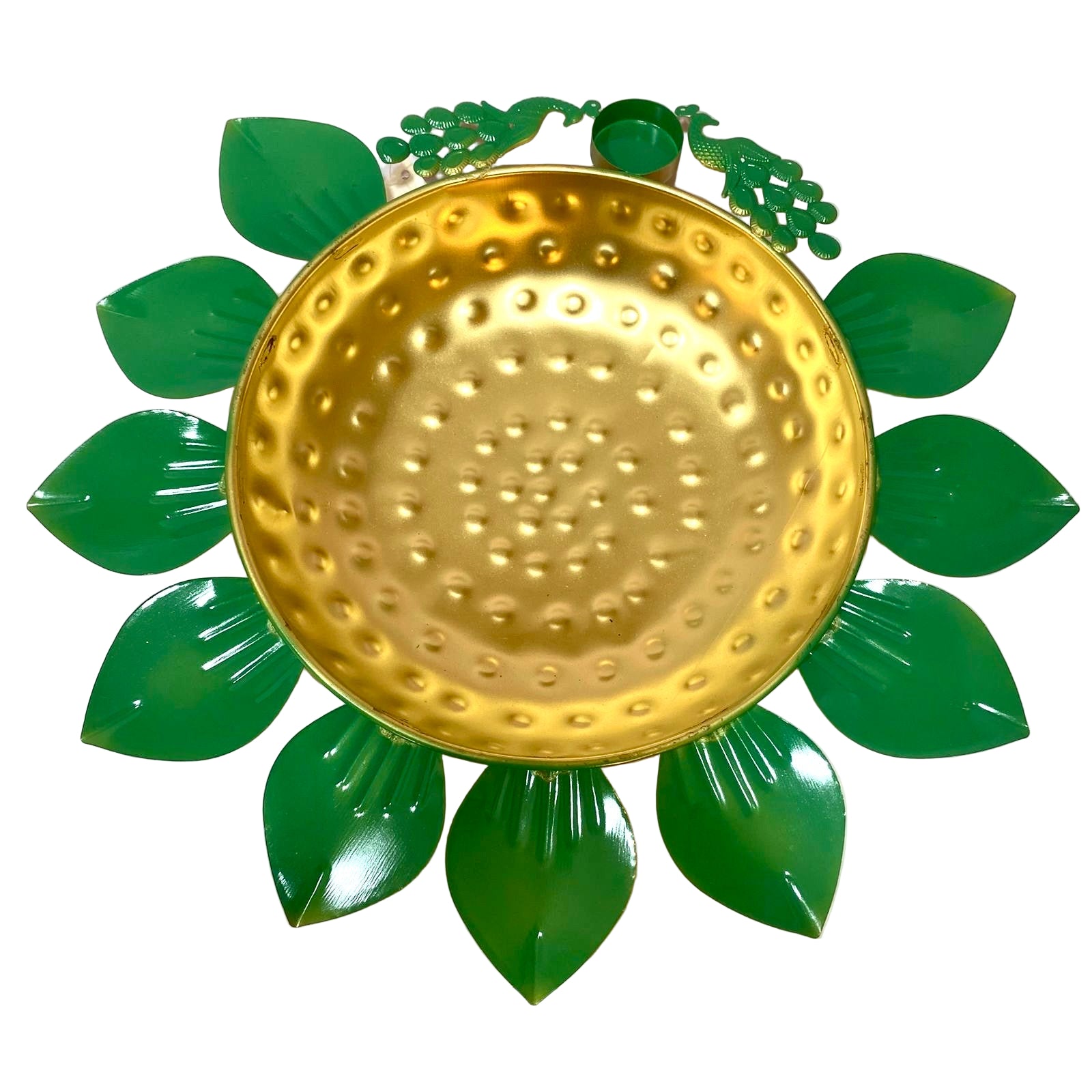 Decorative wall art with a gold circular design and green leaf-like shapes on a white background