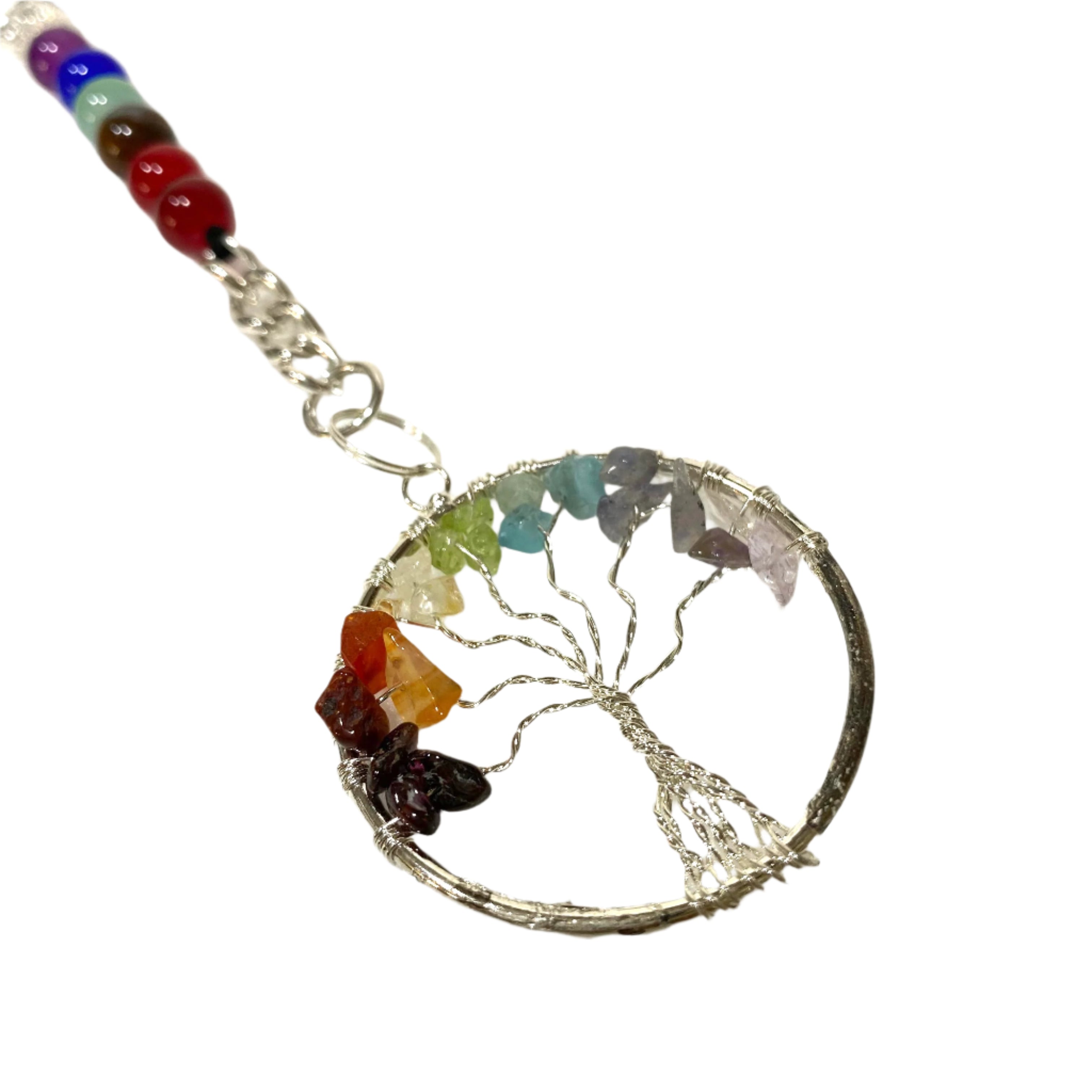 Tree of Life pendant with colorful beads on a white background