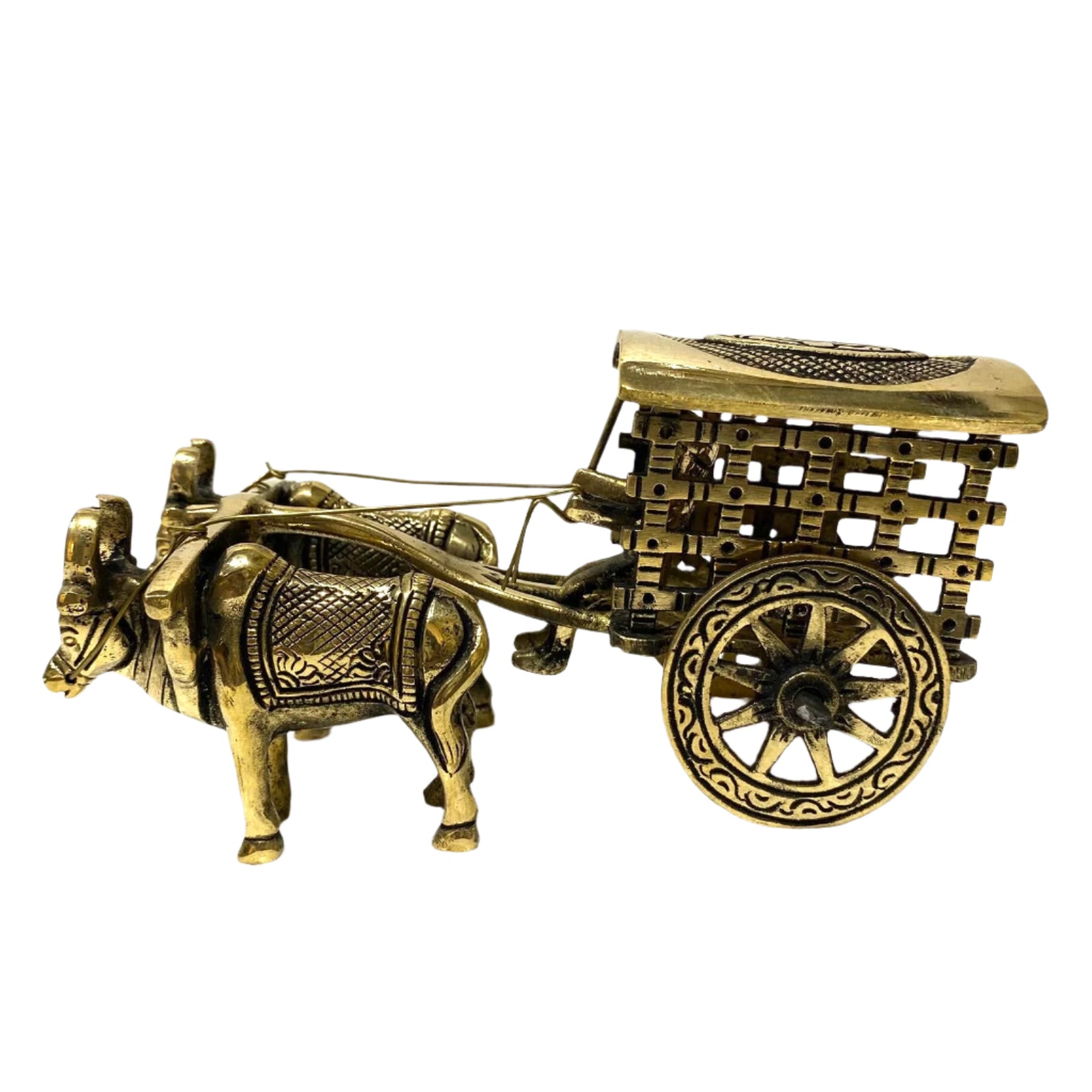 Bronze model of a bull pulling a cart on a white background