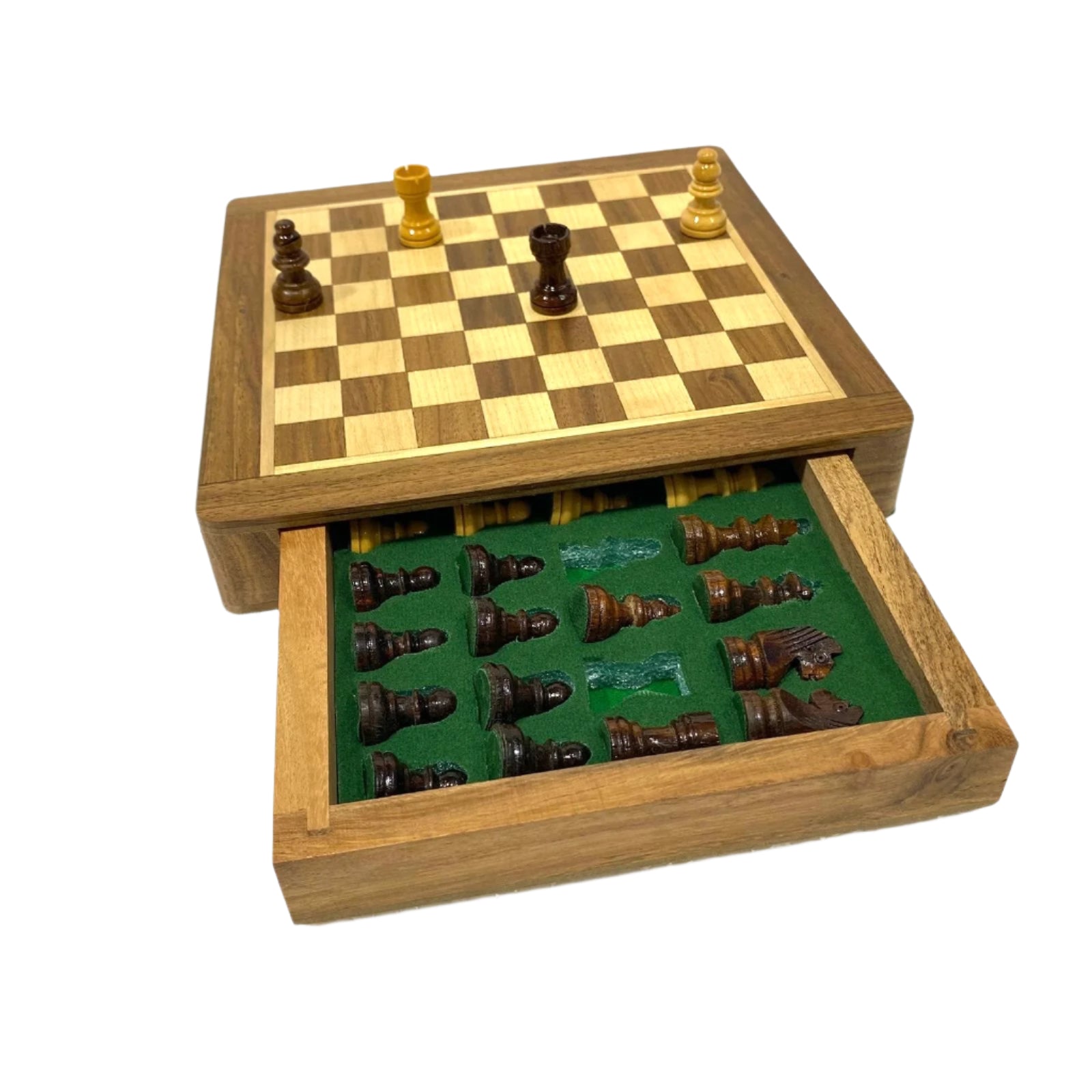 Wooden chess set with pieces inside a box on a white background