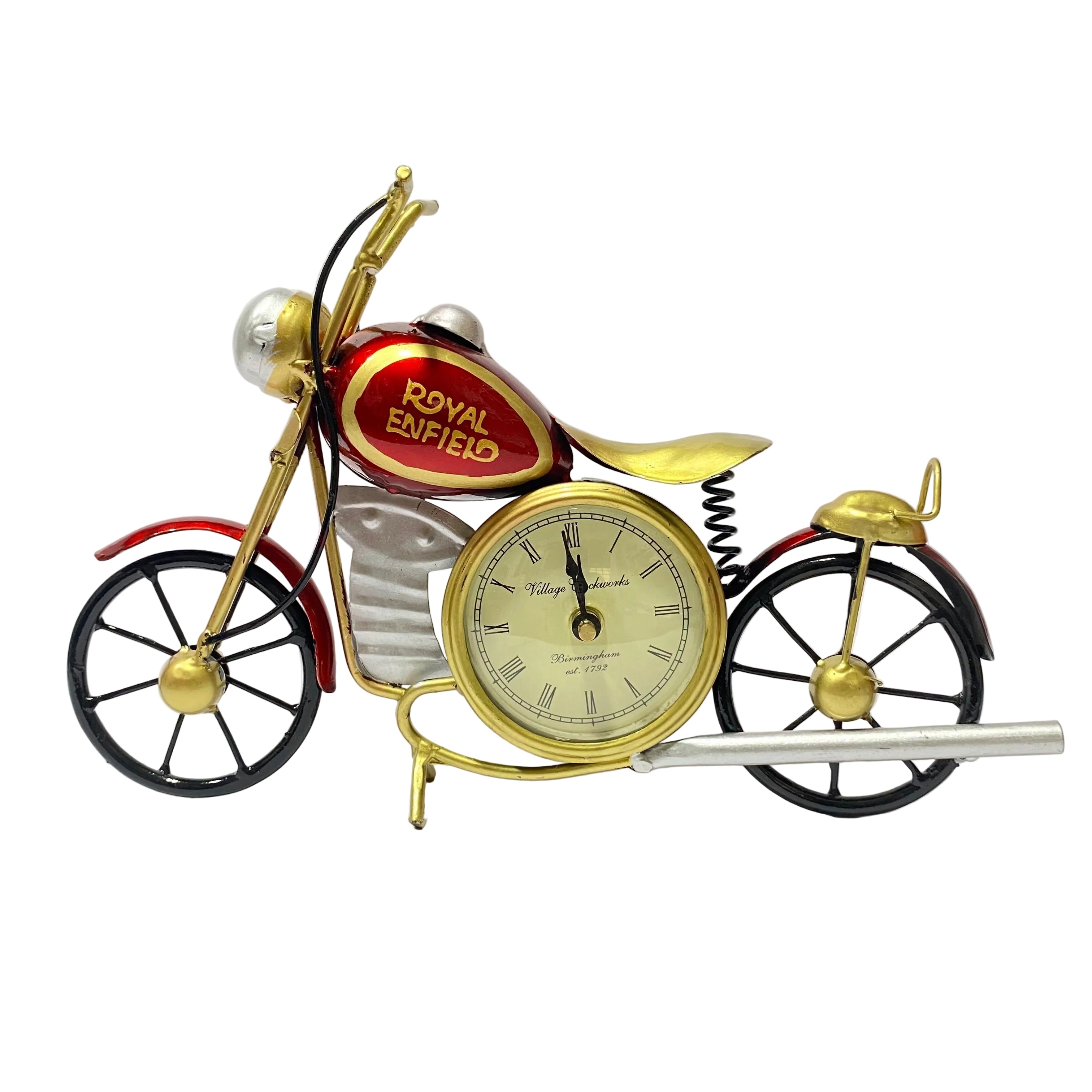 Decorative clock shaped like a motorcycle with 'Royal Enfield' branding on a white background