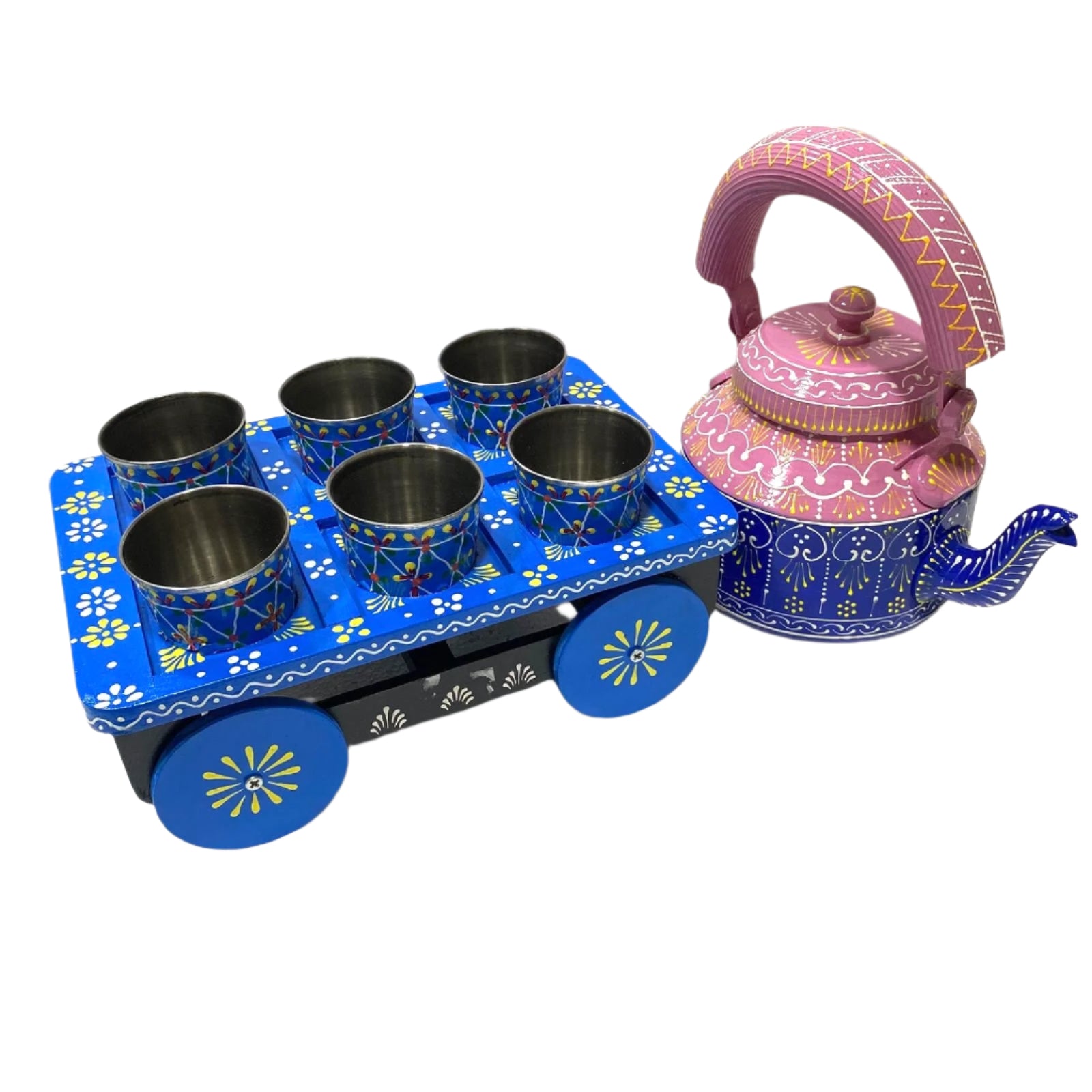 Decorative teapot set with a blue tray and pink teapot on a white background