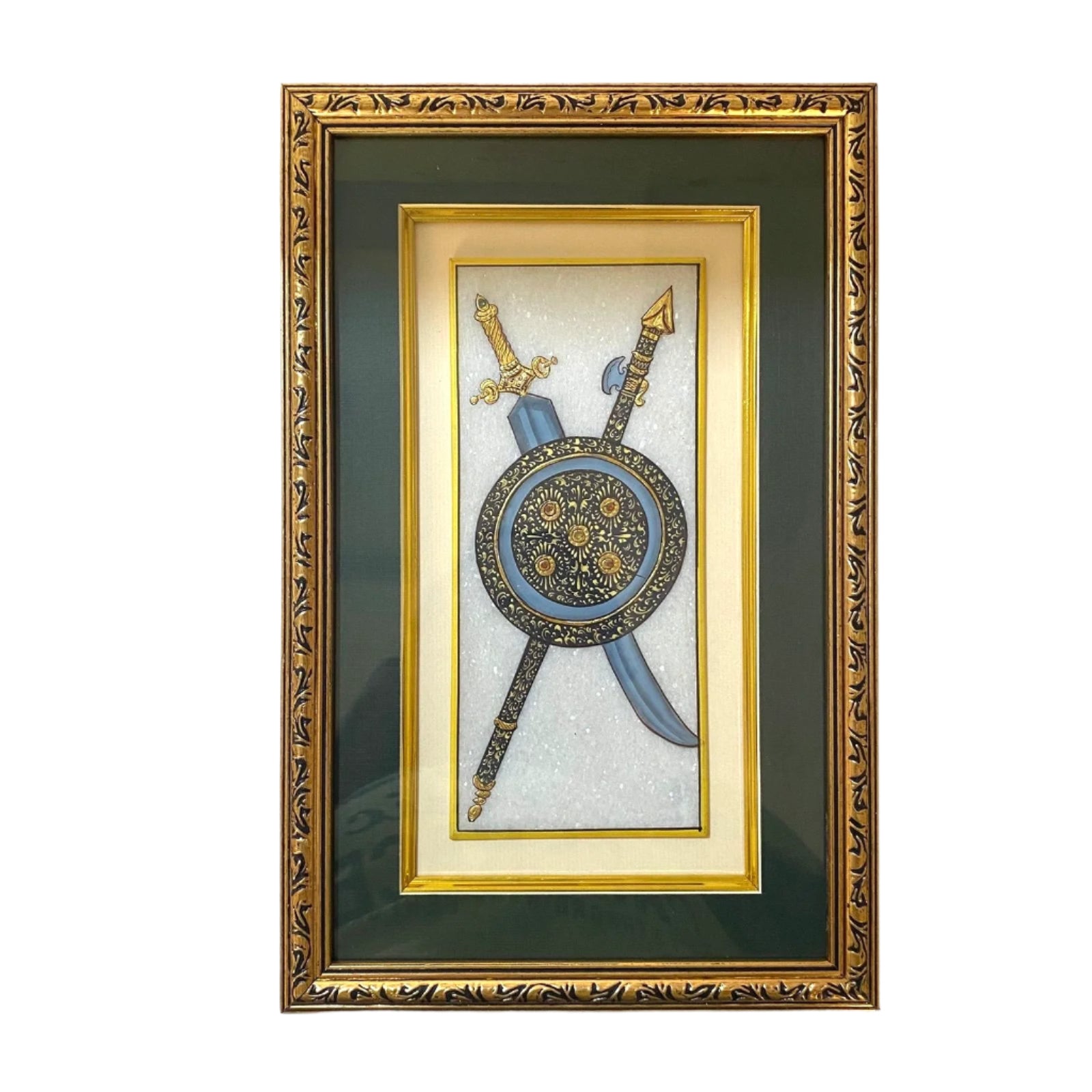 Royal Ornament Style Work On Marble Tile In Wooden Frame Hanging From Tamrapatra