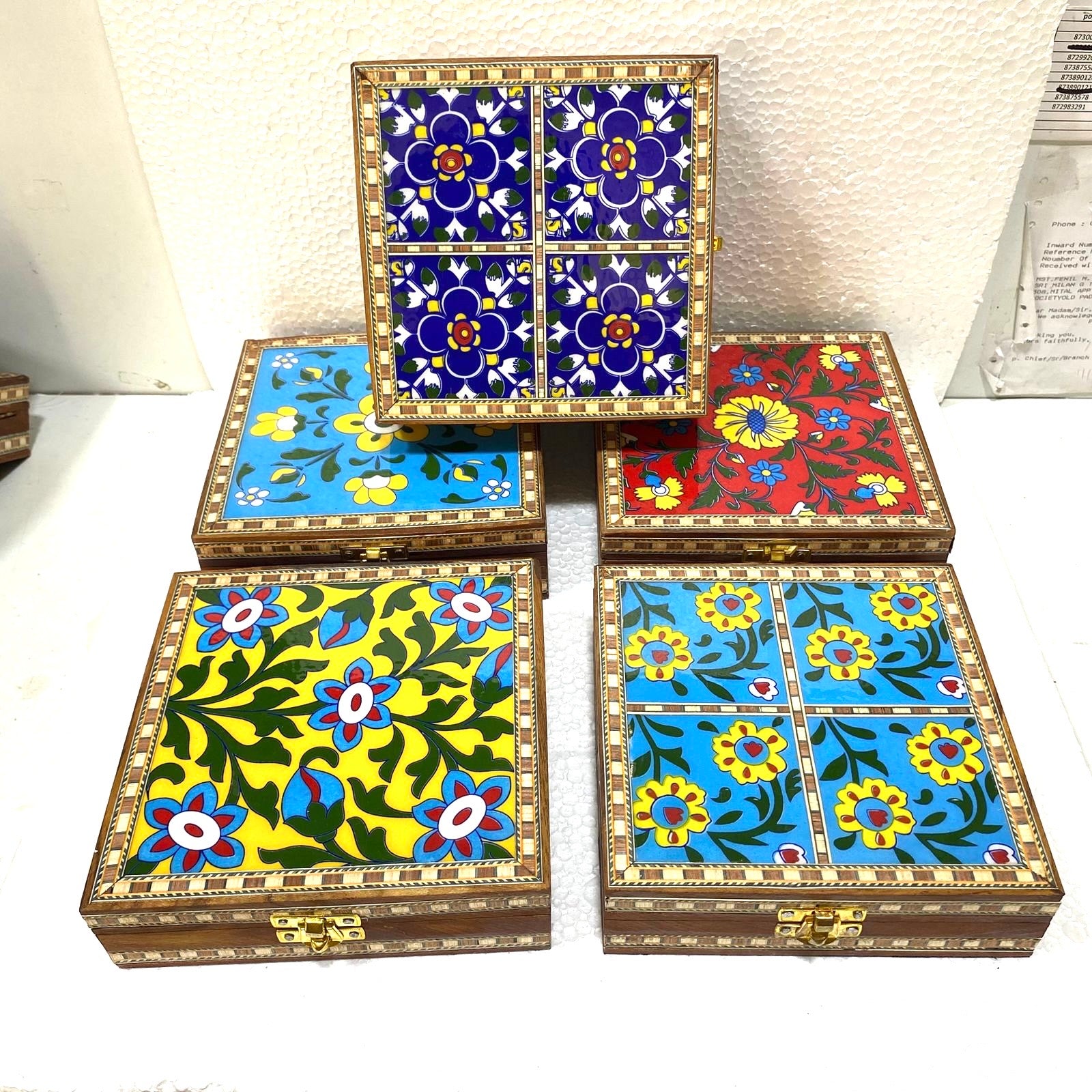 Blue Pottery Tile Wooden Box Storage Utility Jewelry New Arrival Tamrapatra