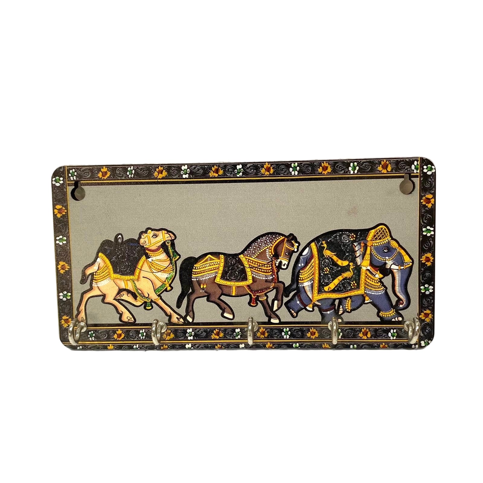 Decorative plaque with three animals on a textured white background