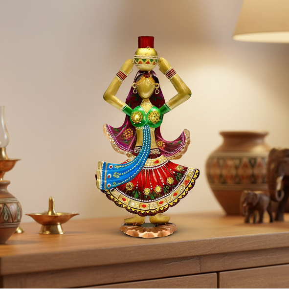 Metal Figurine Woman Carrying Matka Pot Colourful Showpiece By Tamrapatra - Tamrapatra