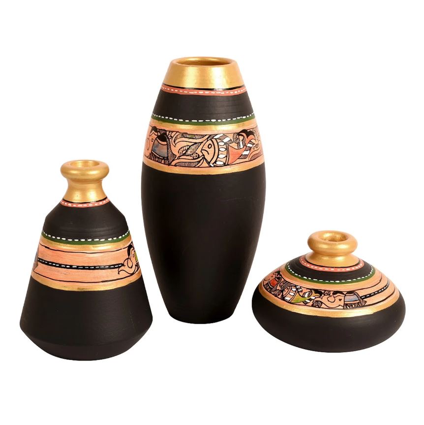 Luxury Earthen Pots Madhu Bani Designed Black Shade In 3 Shapes By Tamrapatra