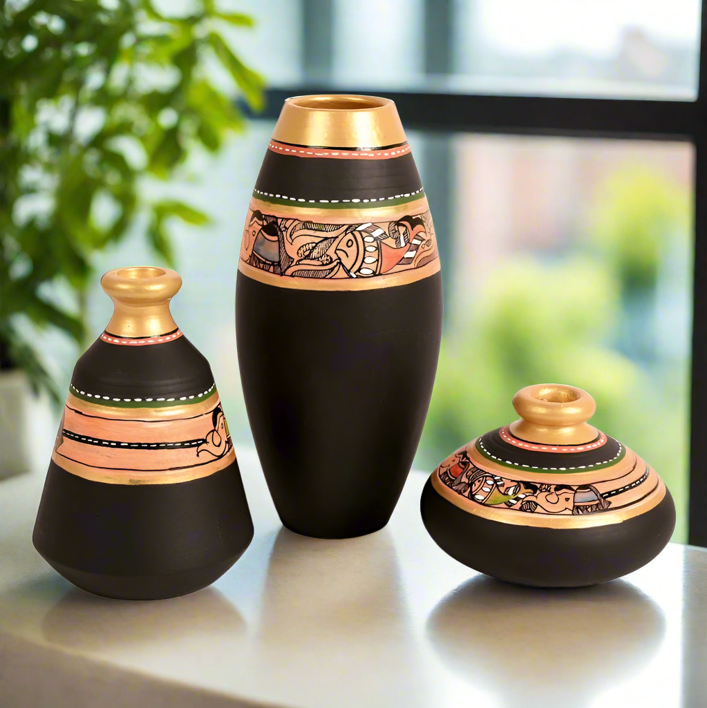 Luxury Earthen Pots Madhu Bani Designed Black Shade In 3 Shapes By Tamrapatra