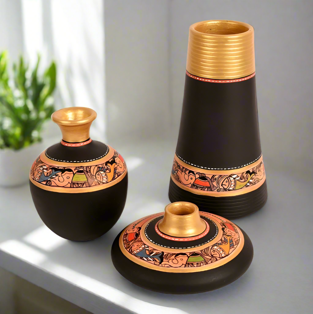 Hand Painted Madhu Bani On Sumptuous Terracotta Black Pots From Tamrapatra