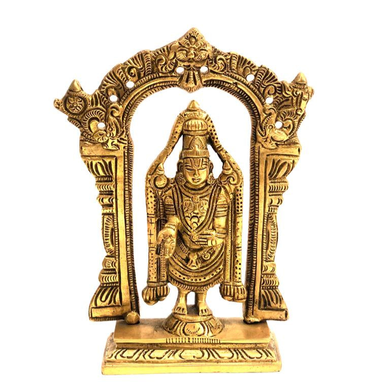 Gold-colored religious statue with an arch on a white background