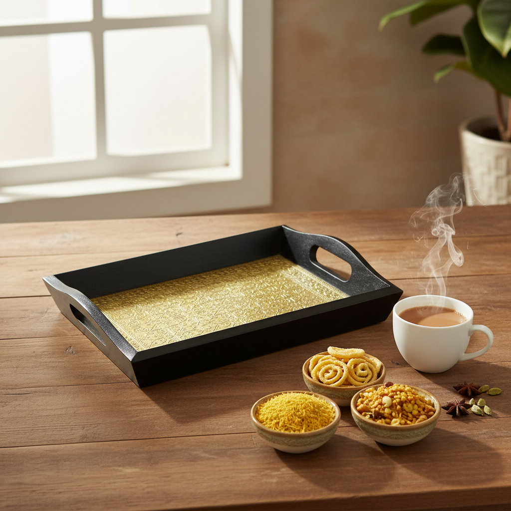 Limited Edition Brass Foil Fitted Premium Wooden Tray Home Décor By Tamrapatra