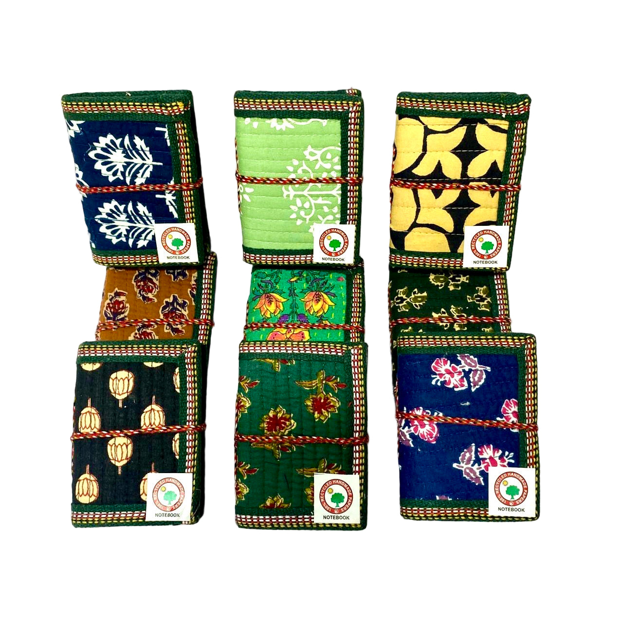 Set of colorful fabric wallets with patterns on a white background