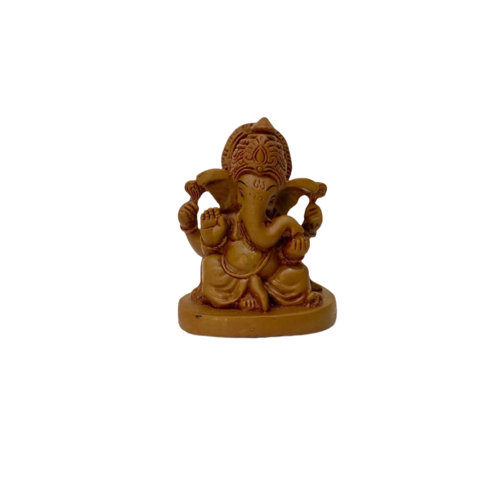 Brown statue of a deity on a textured white background