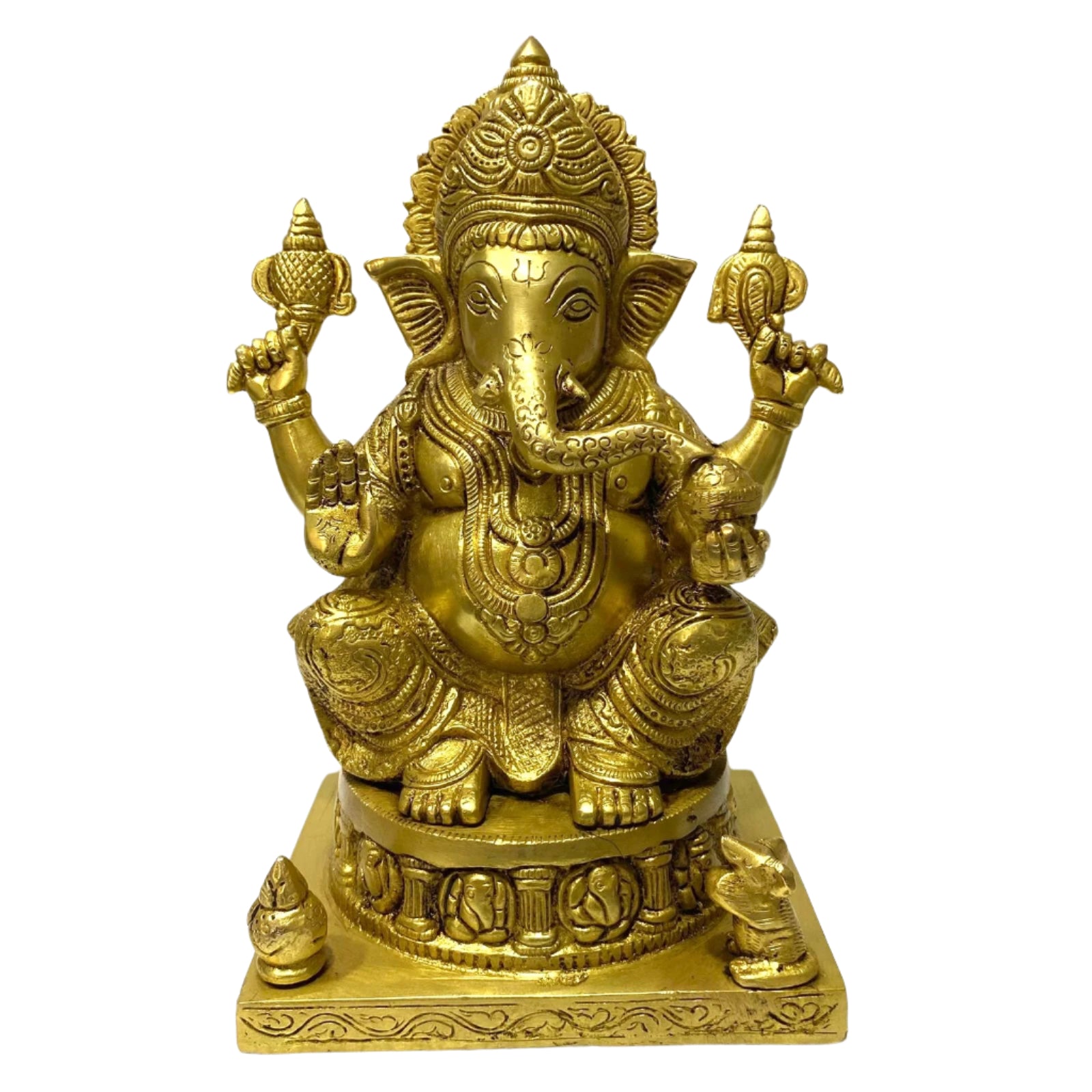 Gold-colored statue of a deity with multiple arms on a white background