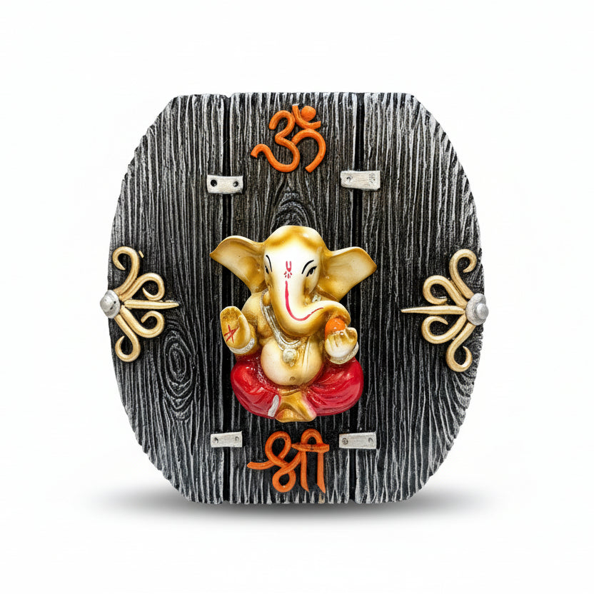 Decorative wall art with a golden deity figure and 'Om' symbols on a textured black background.