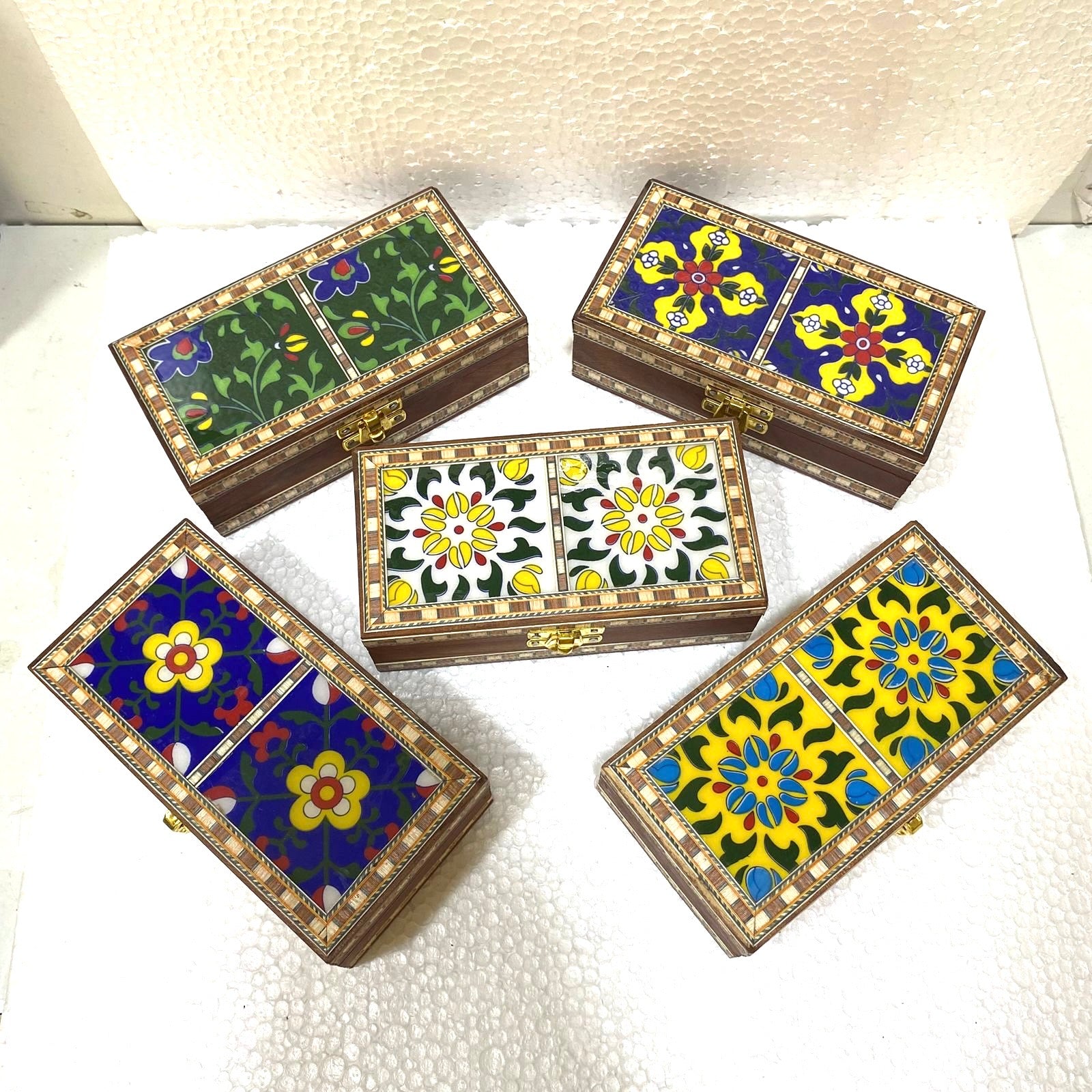 Two Tile Storage Box Wooden Blue pottery in Various Shades By Tamrapatra