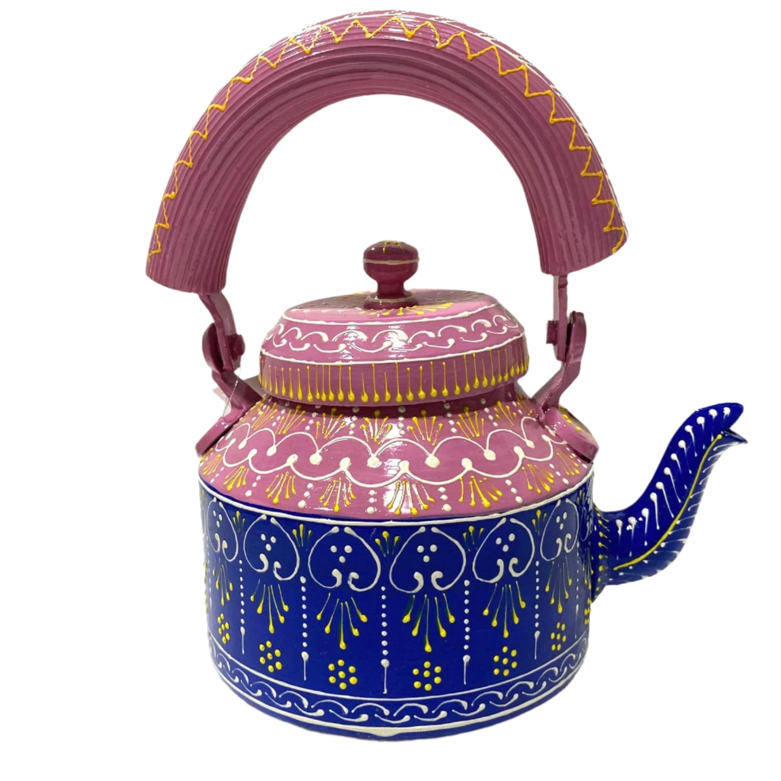 Decorative teapot with purple and blue design on a white background