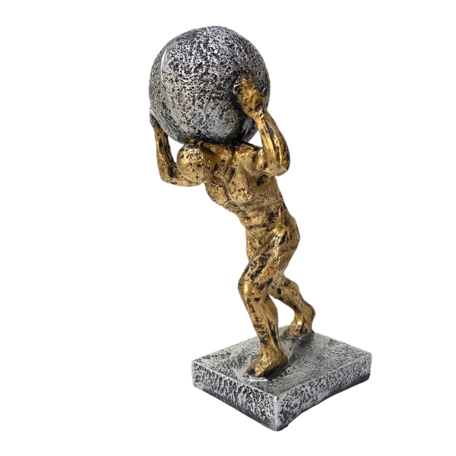 Statue of a figure carrying a large stone on its head against a white background
