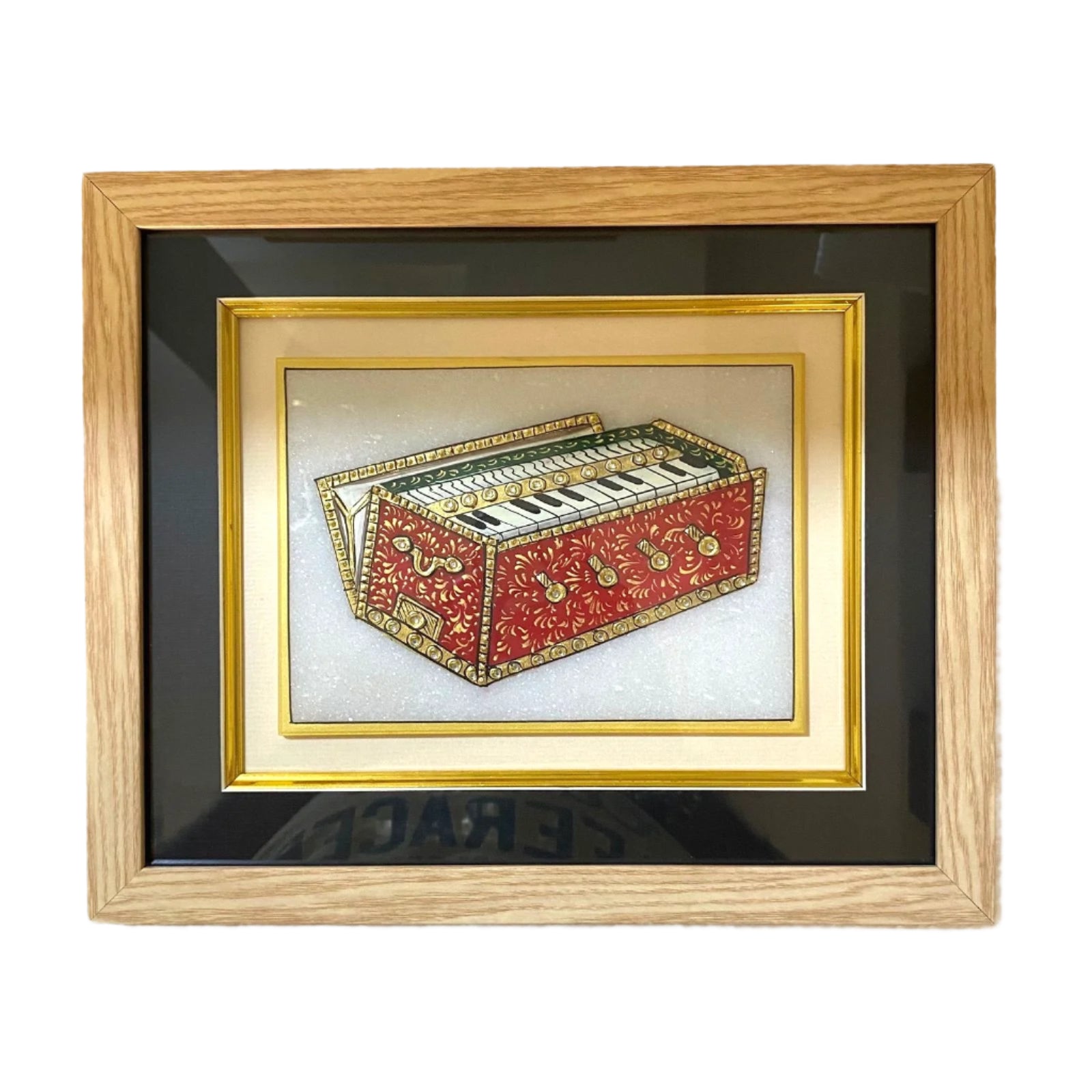 Royal Ornament Style Work On Marble Tile In Wooden Frame Hanging From Tamrapatra