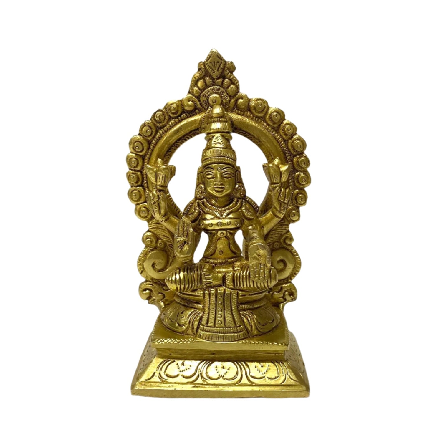 Brass statue of a deity on a white background