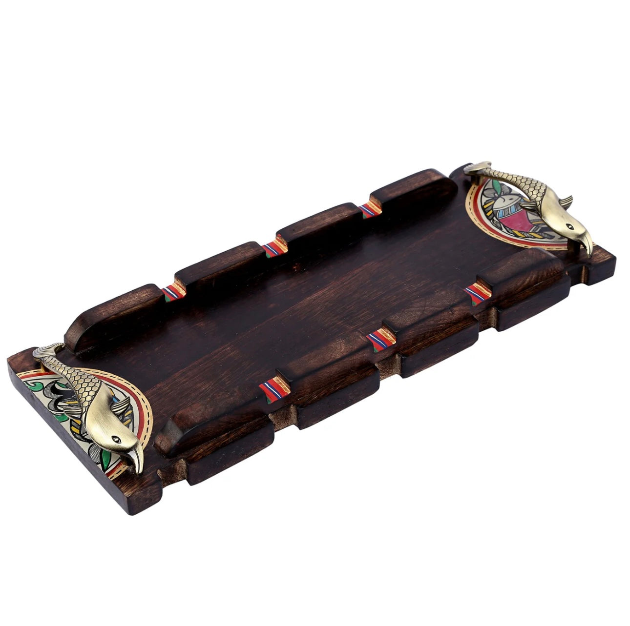 Classy Brown Wooden Tray Long HandPainted Sturdy Handles Utility By Tamrapatra