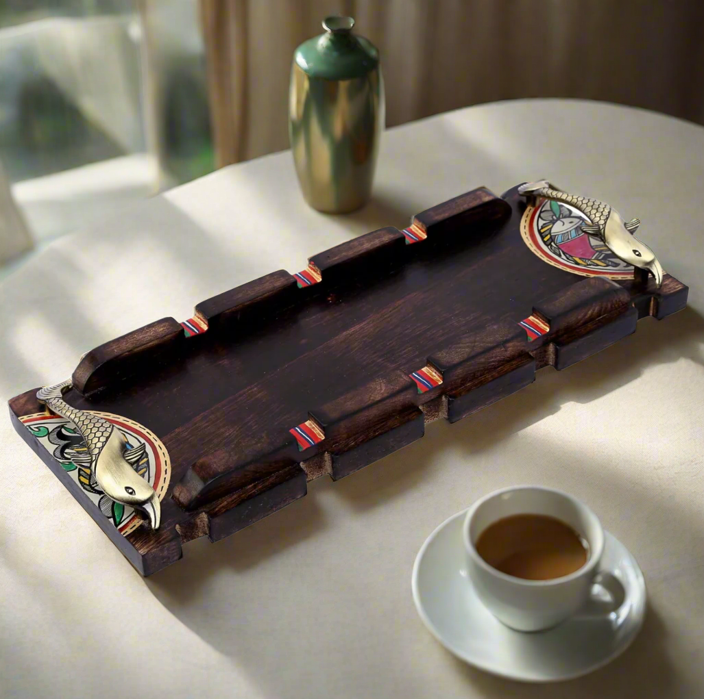 Classy Brown Wooden Tray Long HandPainted Sturdy Handles Utility By Tamrapatra